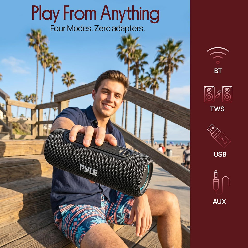 Pyle Portable Bluetooth Speaker - IPX5 Waterproof, Multi-Color LED, TWS Stereo Pairing, USB/AUX/FM, 20W Peak Power, 5H Battery, Built-In Mic, Shockproof ABS Design - Outdoor, Travel, Home - PBTPSP20BK