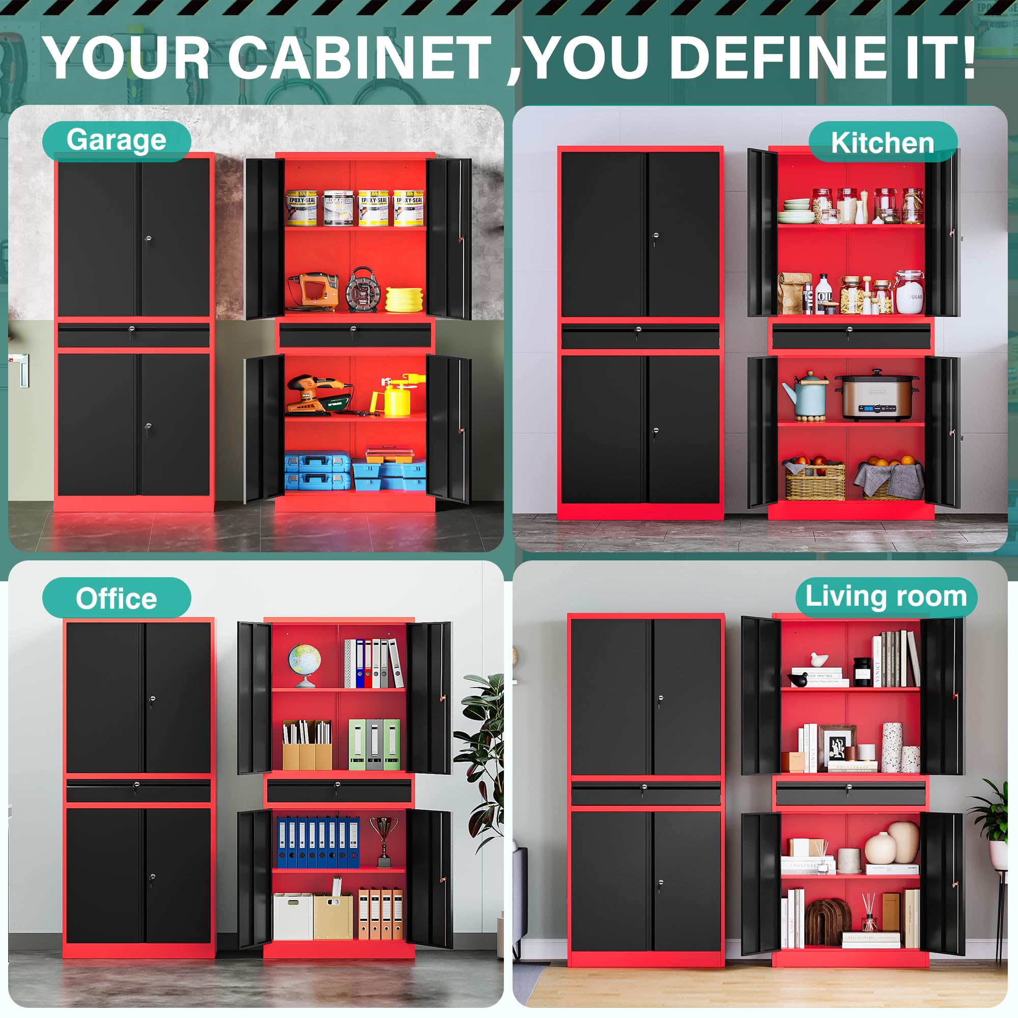 SISESOL Wide & Deep Metal Storage Cabinet with Wheels,Tall Rolling Garage Storage Cabinet with Lock,Black Metal Cabinets with Pegboards and Shelves,Tool Locker for Garage,Home,Office,43''Wx 20''Dx71"H