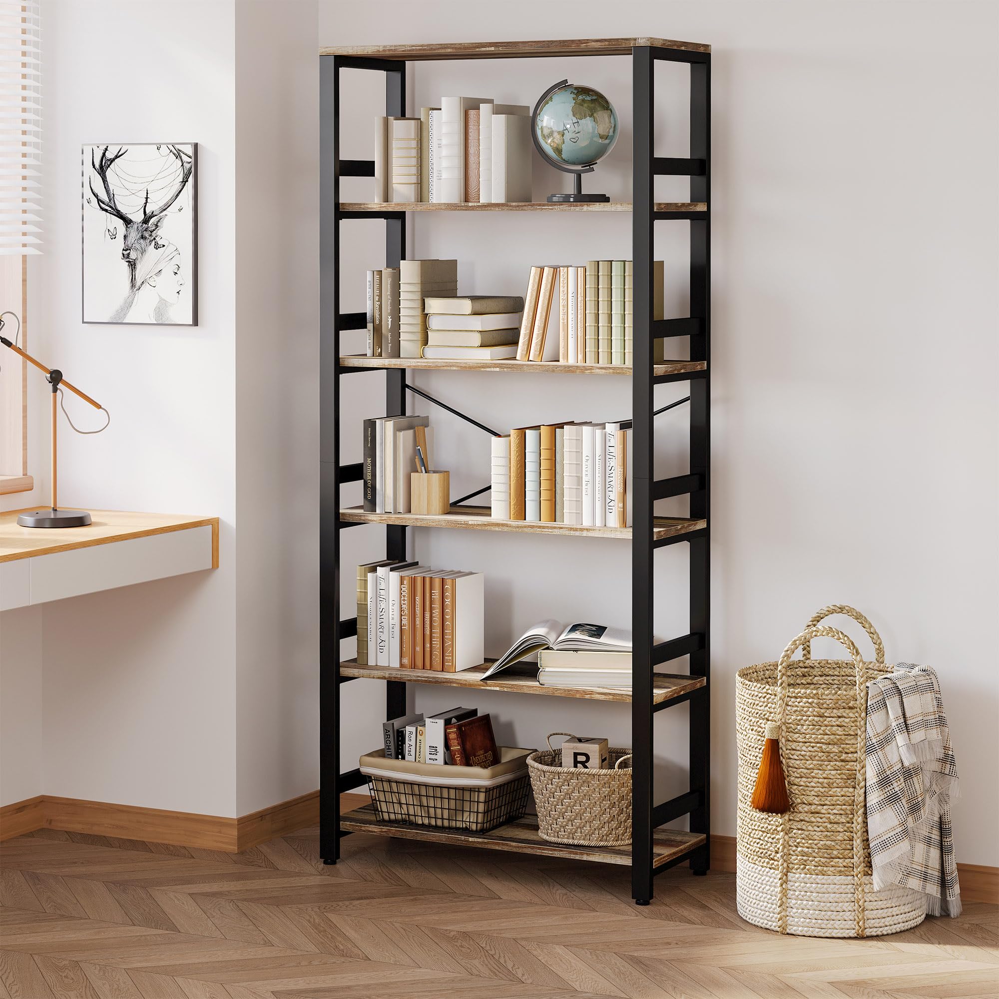 IRONCK Bookshelf, 31.5in Wide Shelf 6 Tier Bookcase, 110lbs/shelf Vintage Industrial Style Bookshelves for Bedroom, Living Room and Home Office, Industrial Brown