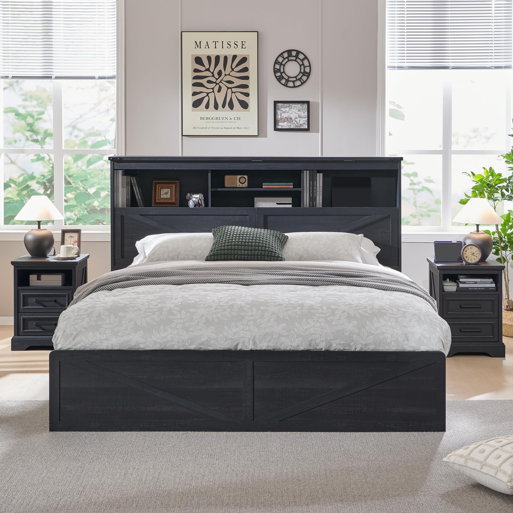 ACCOHOHO Queen Size Wood Bed Frame Farmhouse with 52" Tall Storage Bookcase Headboard, LED Light,Charging Station,4 Drawers and Solid Wood Slats Support,Noiseless,No Box Spring Needed - Black