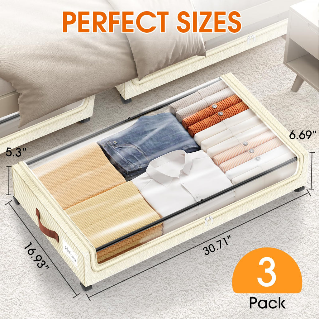SpaceHacks Under Bed Storage with Wheels 1Pack Underbed Storage with Clear Window&Label Under Bed Drawers Large Capacity Rolling Under Bed Storage for Clothes,Shoes, Blankets (Beige)