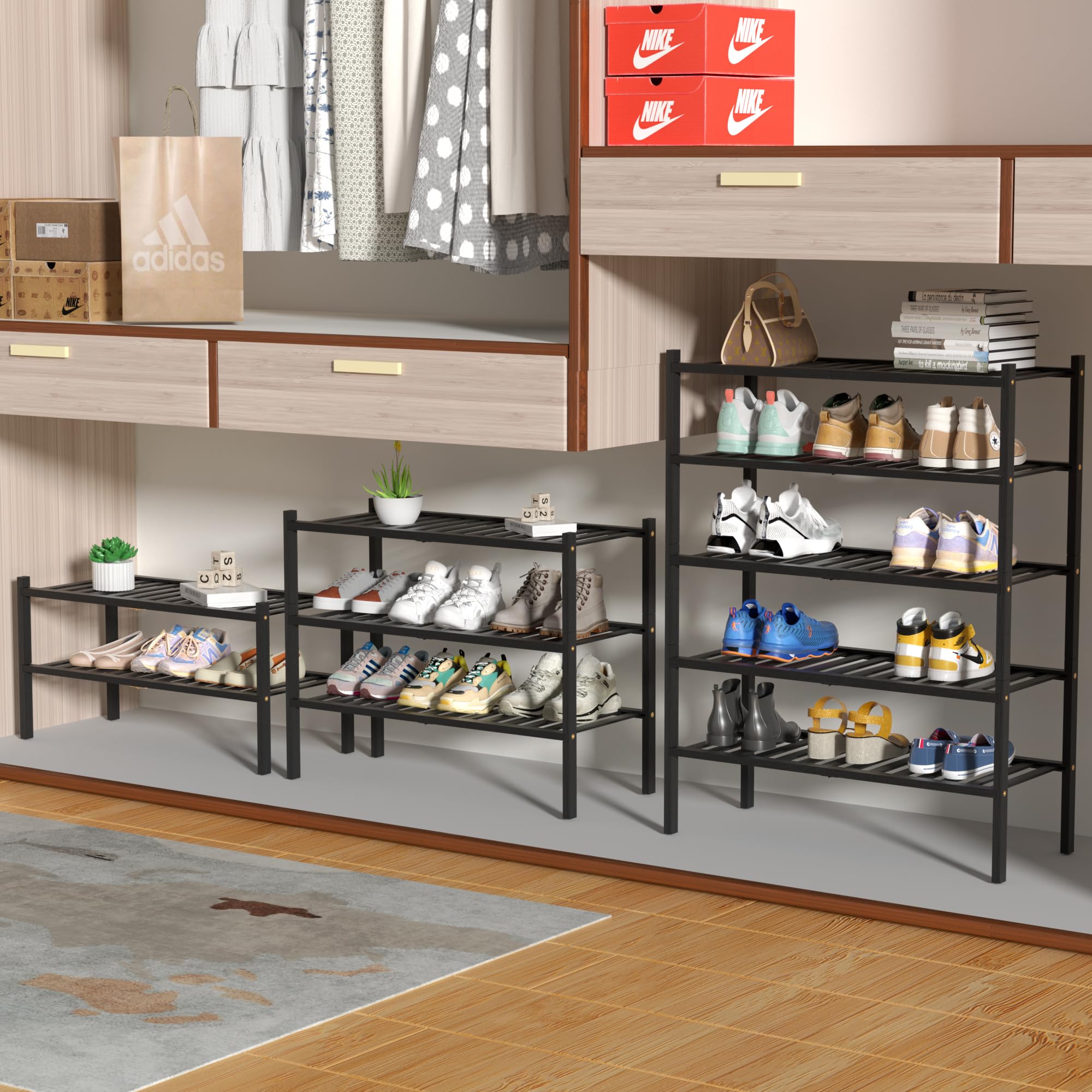 ROMGUAR CRAFT 2-Tier Bamboo Long Shoe Rack, Free Standing Wood Shoe Shelf Storage Organizer for Closet Entryway Stackable 35"x11"x13" (Black)