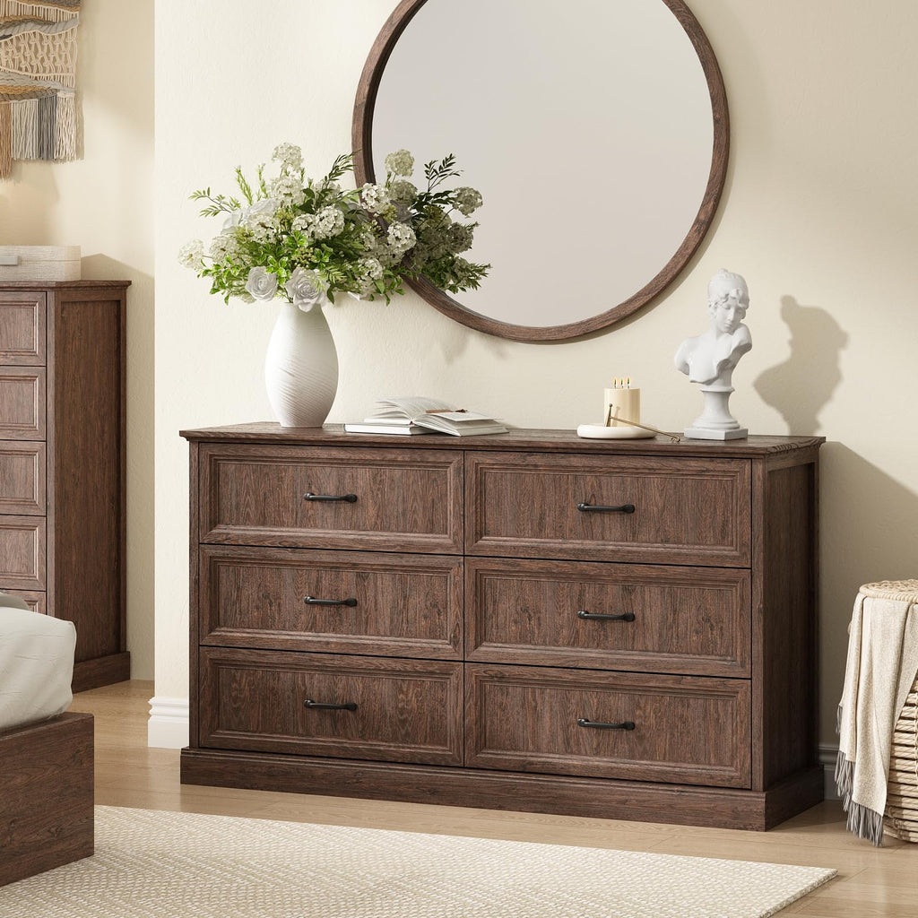 Farmhouse 5 Drawers Dresser for Bedroom, 44" Tall Brown dresser Wood Rustic Chest of Drawers with Wide Metal Handle,Natural Texture,Drawer Organizer for Bedroom,Living Room,Hallway and Entryway
