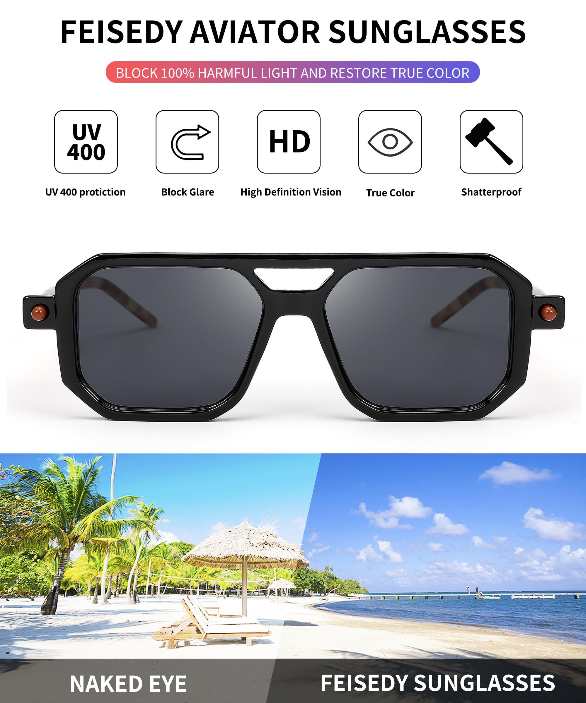 FEISEDY Vintage Square 70s Flat Aviator Sunglasses Women Men Classic Retro Stylish Frame UV400 Sunglasses B2622