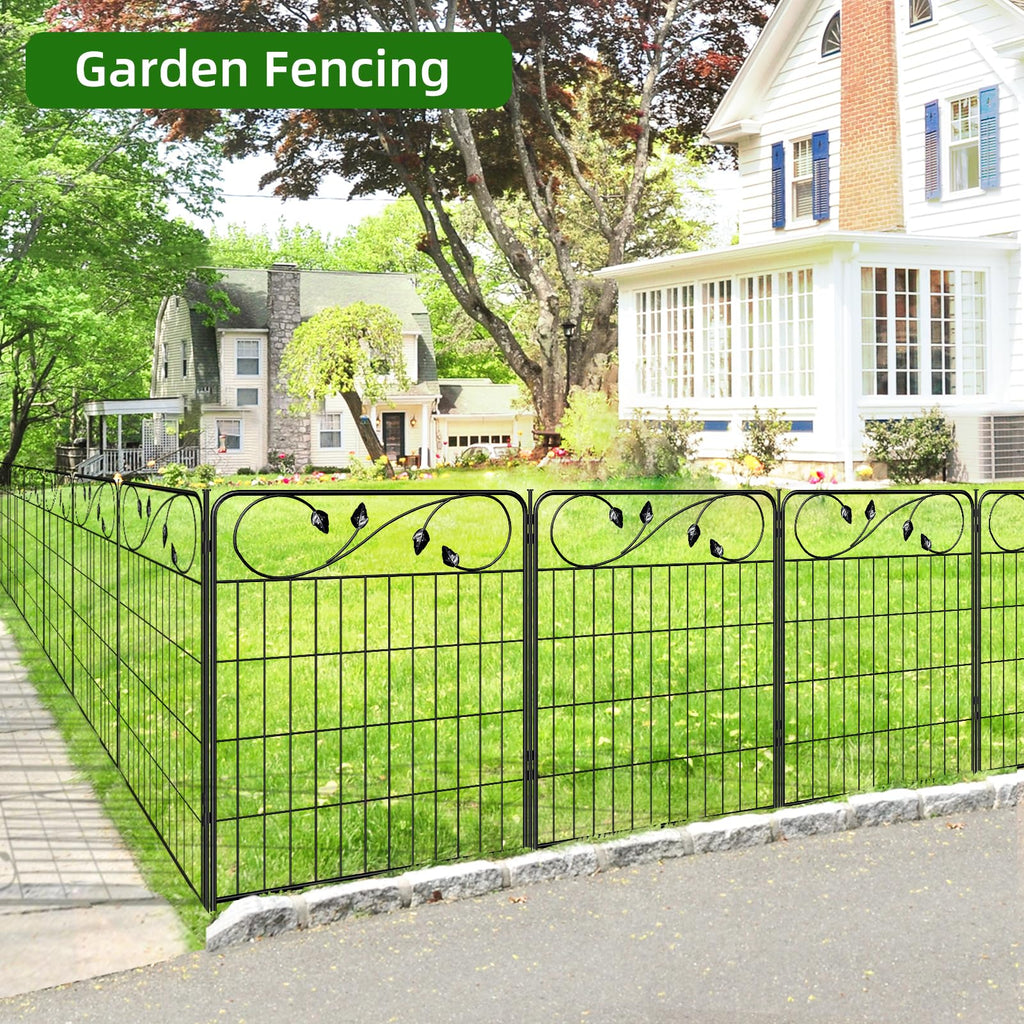 FOREHOGAR Decorative Metal Garden Fence 24in(H) X10ft(L) 5 Panels Leaf Black Rustproof Wire Border Fence for Landscape Patio Flower Bed Garden Fencing Panel Animal Barrier for Dogs
