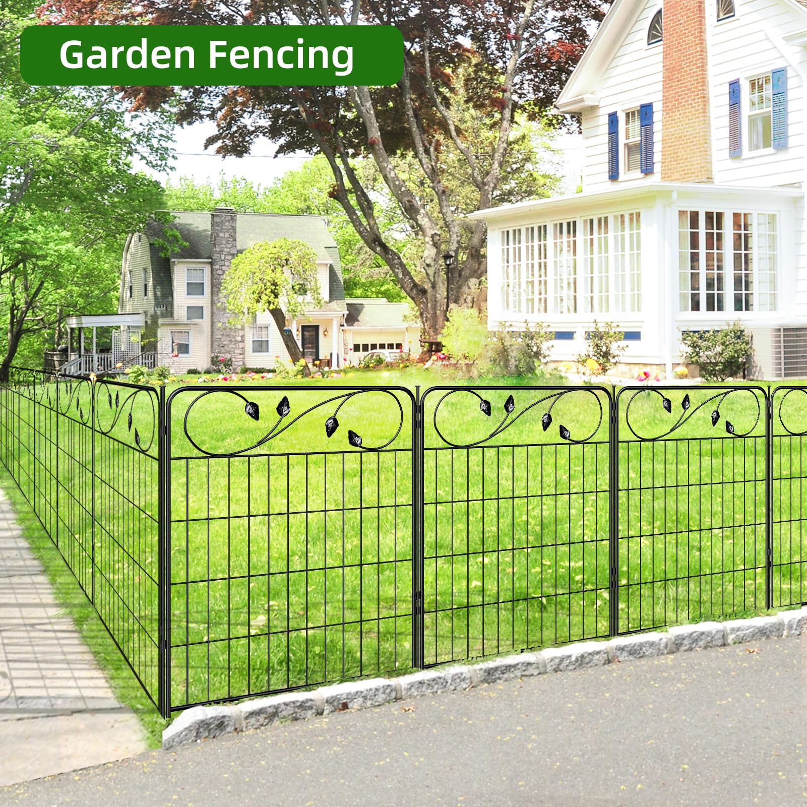 FOREHOGAR Decorative Metal Garden Fence 24in(H) X10ft(L) 5 Panels Leaf Black Rustproof Wire Border Fence for Landscape Patio Flower Bed Garden Fencing Panel Animal Barrier for Dogs