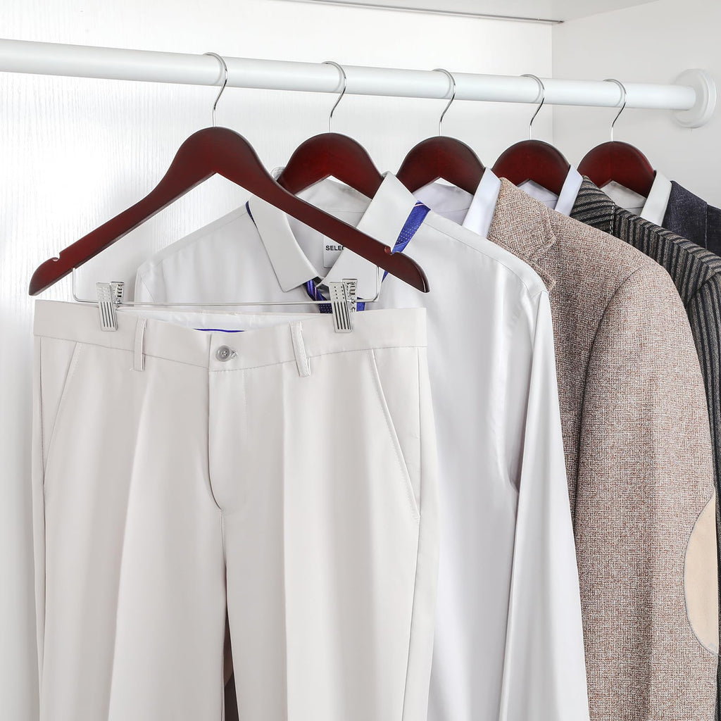 TOPIA HANGER Wooden Suit Hangers with Adjustable Metal Clips (10 Pack), Solid Wood Clothes Hangers, 360° Swivel Hook, Premium Retro Finish Pants Hangers for Clothes Coat, Jeans, Blouse-CT28A