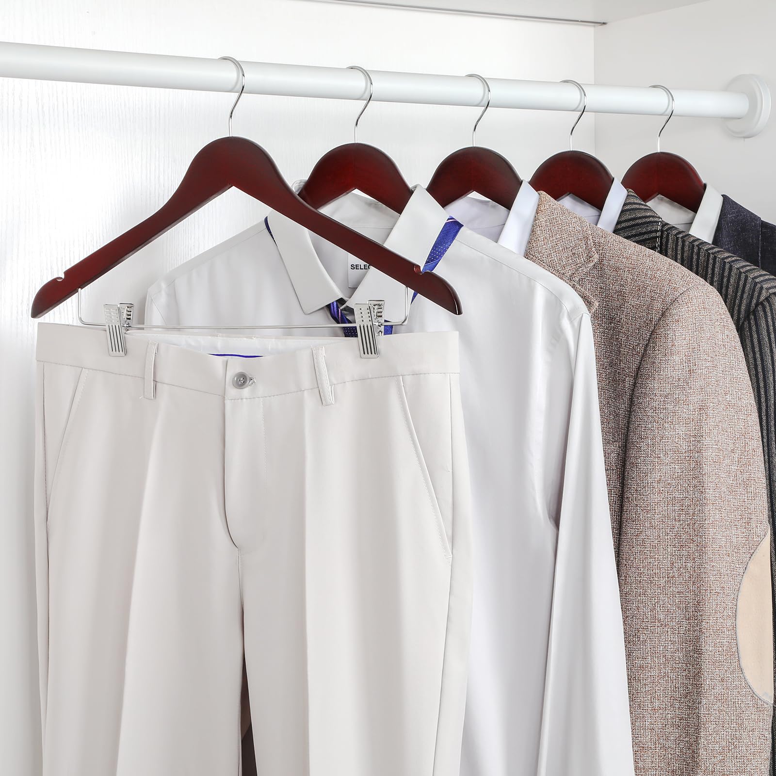 TOPIA HANGER Wooden Suit Hangers with Adjustable Metal Clips (10 Pack), Solid Wood Clothes Hangers, 360° Swivel Hook, Premium Retro Finish Pants Hangers for Clothes Coat, Jeans, Blouse-CT28A