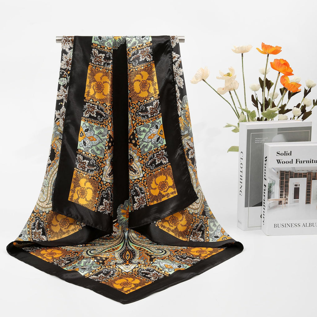 AWAYTR 35” Large Satin Square Head Scarf - 2Pcs Silk Like Floral Head Scarves Square Satin Hair Scarf Bandanas for Women