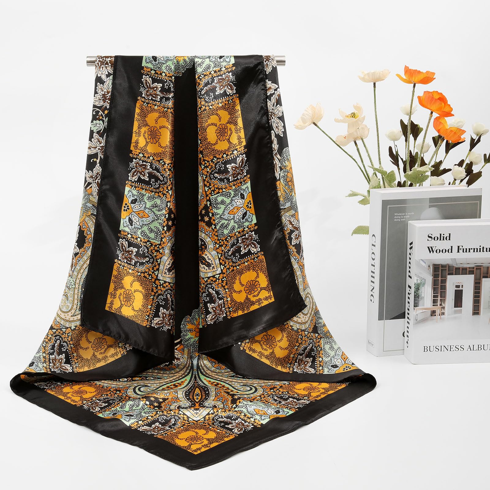 AWAYTR 35” Large Satin Square Head Scarf - 2Pcs Silk Like Floral Head Scarves Square Satin Hair Scarf Bandanas for Women