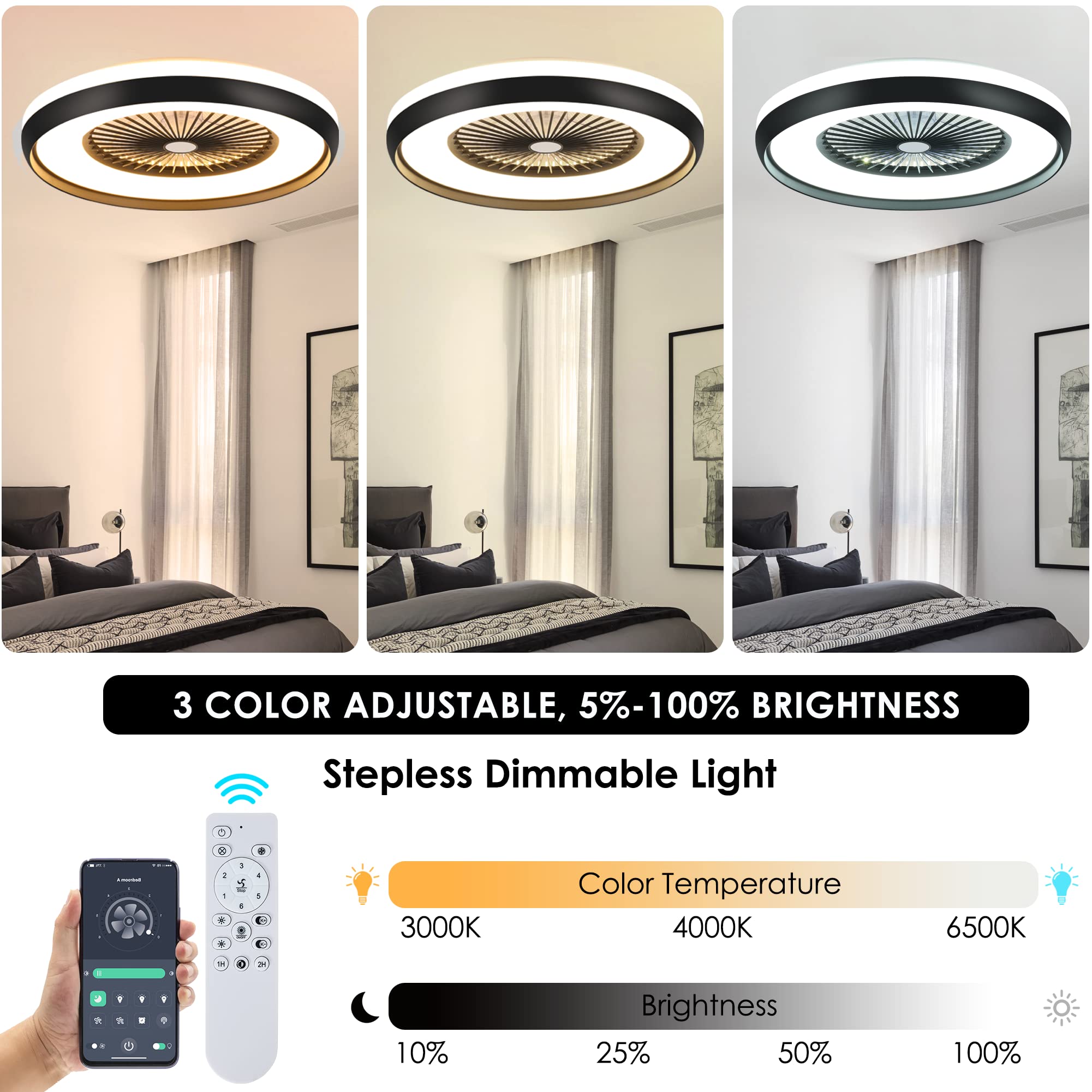 24" Bladeless Ceiling Fan with Light Remote, Smart LED Ceiling Fans with App Control, Modern Low Profile Dimmable Light Ceiling Fan for Bedroom Living Room Gold