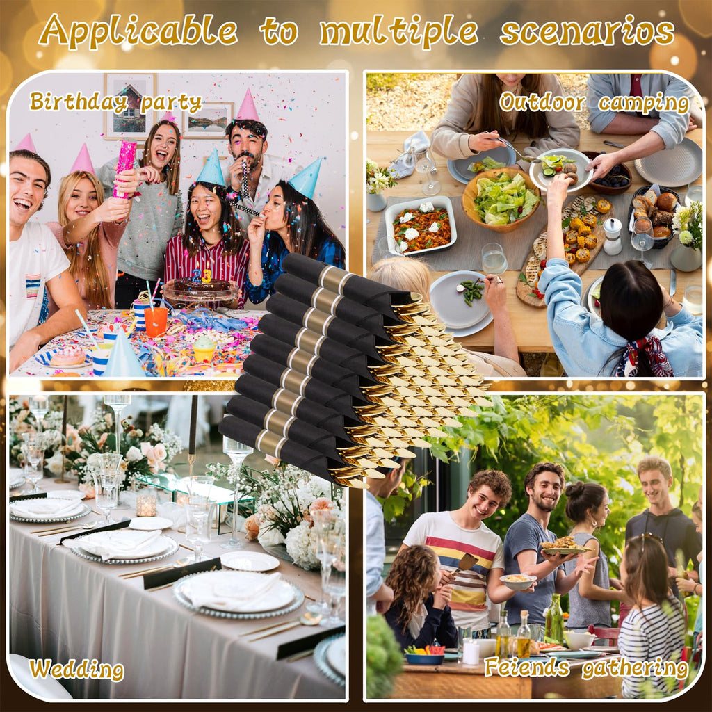 Supernal 60 Pack Pre Rolled Gold Plastic Silverware with Black Napkins - Heavy Duty Pre Wrapped Gold Cutlery Set Disposable - Elegant Plastic Forks, Spoons & Knives for Weddings, Parties, Catering