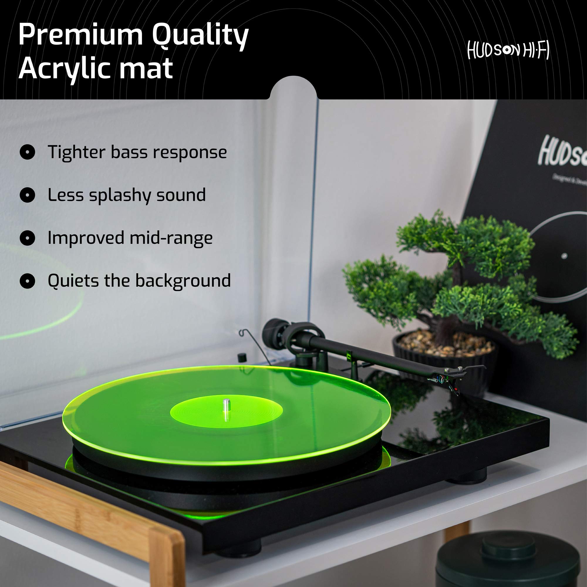 Hudson Hi-Fi Acrylic Turntable Mat – 11.75” Anti-Static Turntable Slipmat with Label Recess – 1/8” Thick Acrylic Platter Mat for Vinyl LP Record Players – Black
