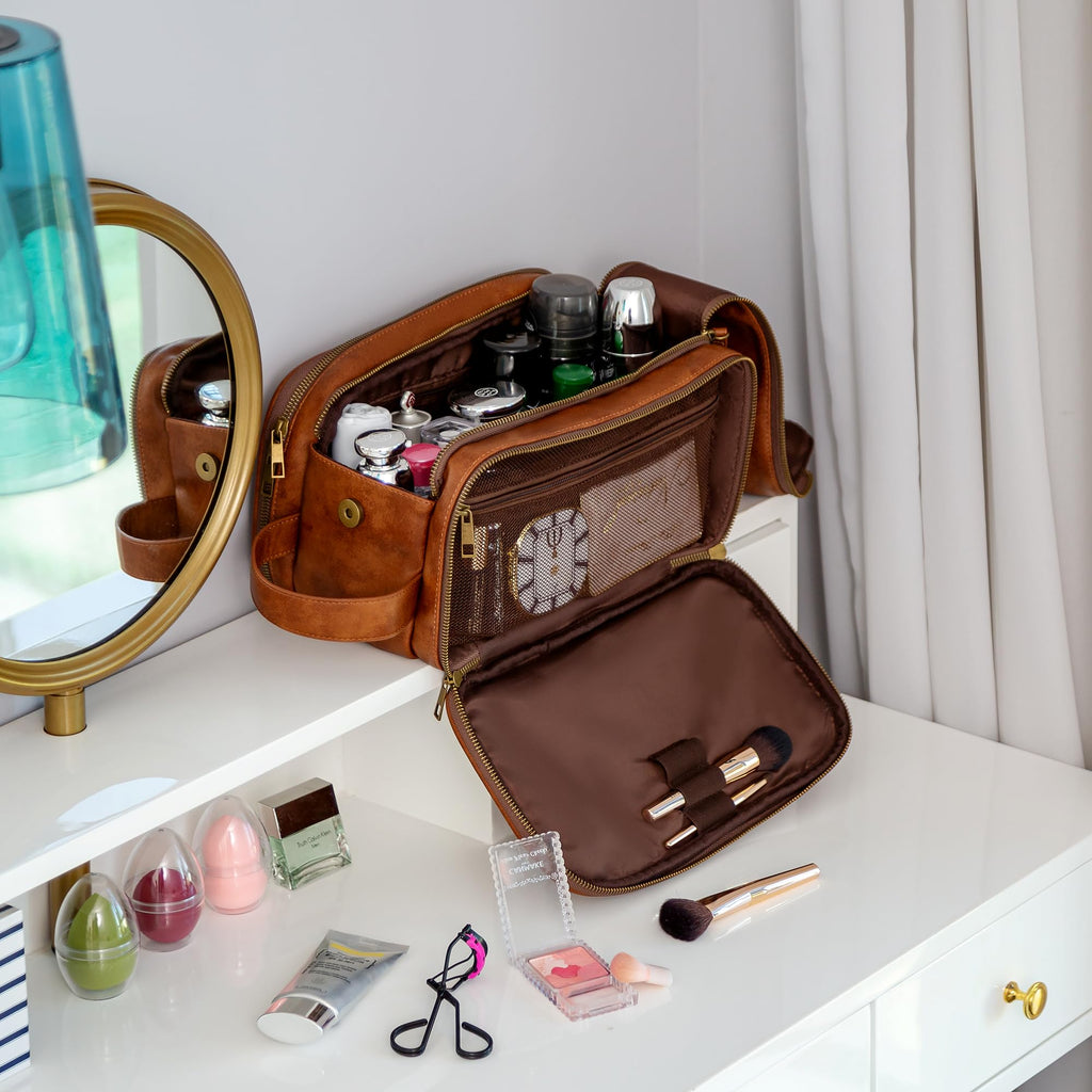 Elviros Travel Toiletry Bag for Men, Shaving Dopp Kit Water-resistant Bathroom Small Toiletries Organizer PU Leather Cosmetic Bags