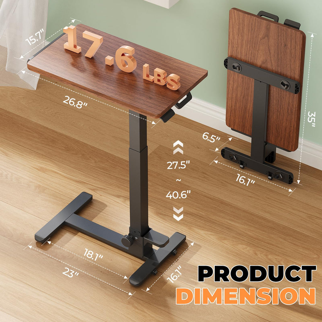 Foldable Mobile Standing Desk, 27 Inch Small Rolling Laptop Cart Height Adjustment, 90° Tiltable Sofaside Table, No Assembly Needed Portable Computer Workstation, Black