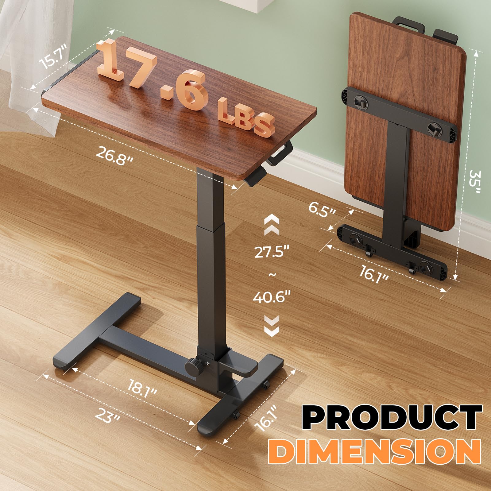 Foldable Mobile Standing Desk, 27 Inch Small Rolling Laptop Cart Height Adjustment, 90° Tiltable Sofaside Table, No Assembly Needed Portable Computer Workstation, Black