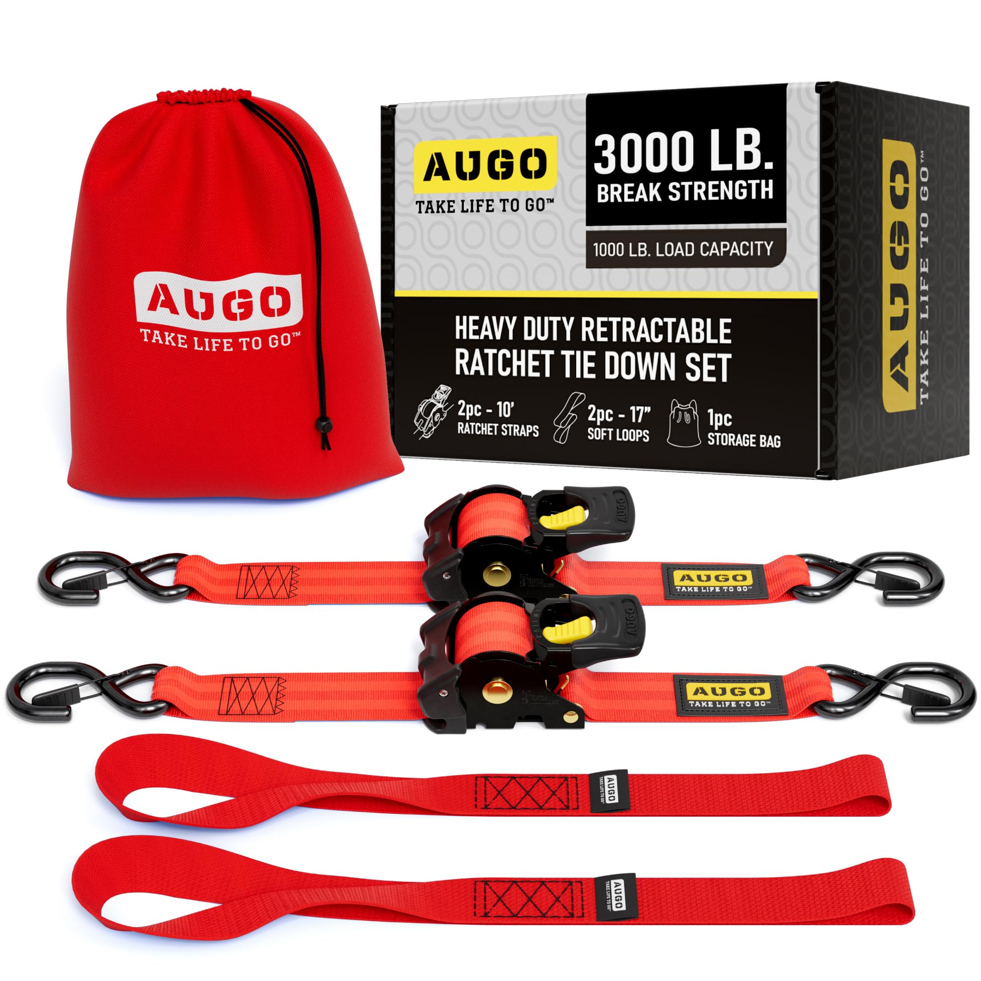 AUGO Retractable Ratchet Straps | 2 Heavy Duty Ratchet Straps Self Retractable Tie Downs with Soft Loops & Storage Bag for Motorcycle, Truck, Trailer, Cargo Van | 1200 Lb Break Strength 1” x 10’