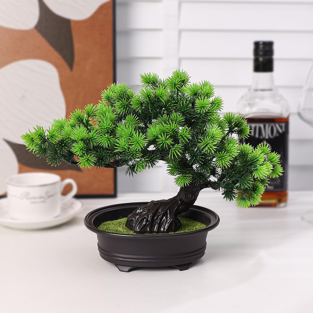 Small Fake Plants Desk Decor Artificial Bonsai with Pot, 9.5" Tall, Green