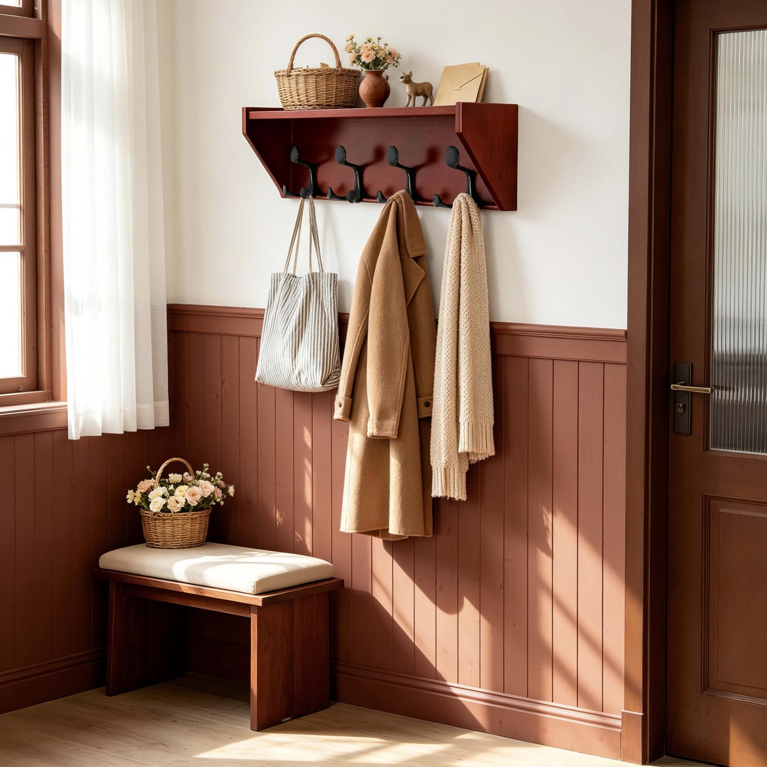 SKOLOO Wall Shelf with Hooks, 24-Inch Cherry Coat Rack Wall Mount with Shelf Organizer - Heavy Duty, 4 Tri Hooks - Perfect for Entryway, Hallway, Living Room, Bedroom, Mudroom