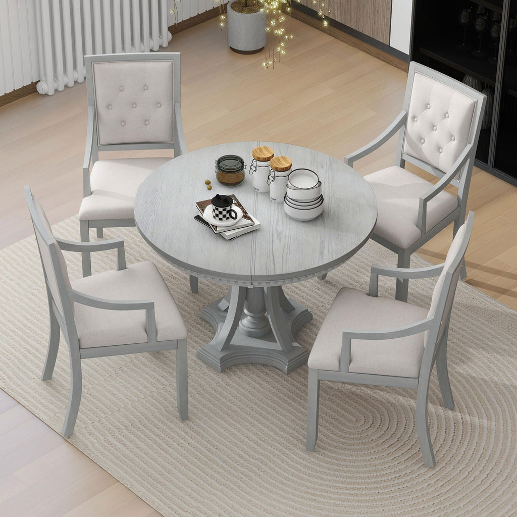 LUMISOL 5-Piece Dining Table Set for 4, Farmhouse Round Kitchen Table Set with Special Shaped Legs and 4 Upholstered Chairs for Kitchen, Dining Room, Small Space, Antique Blue