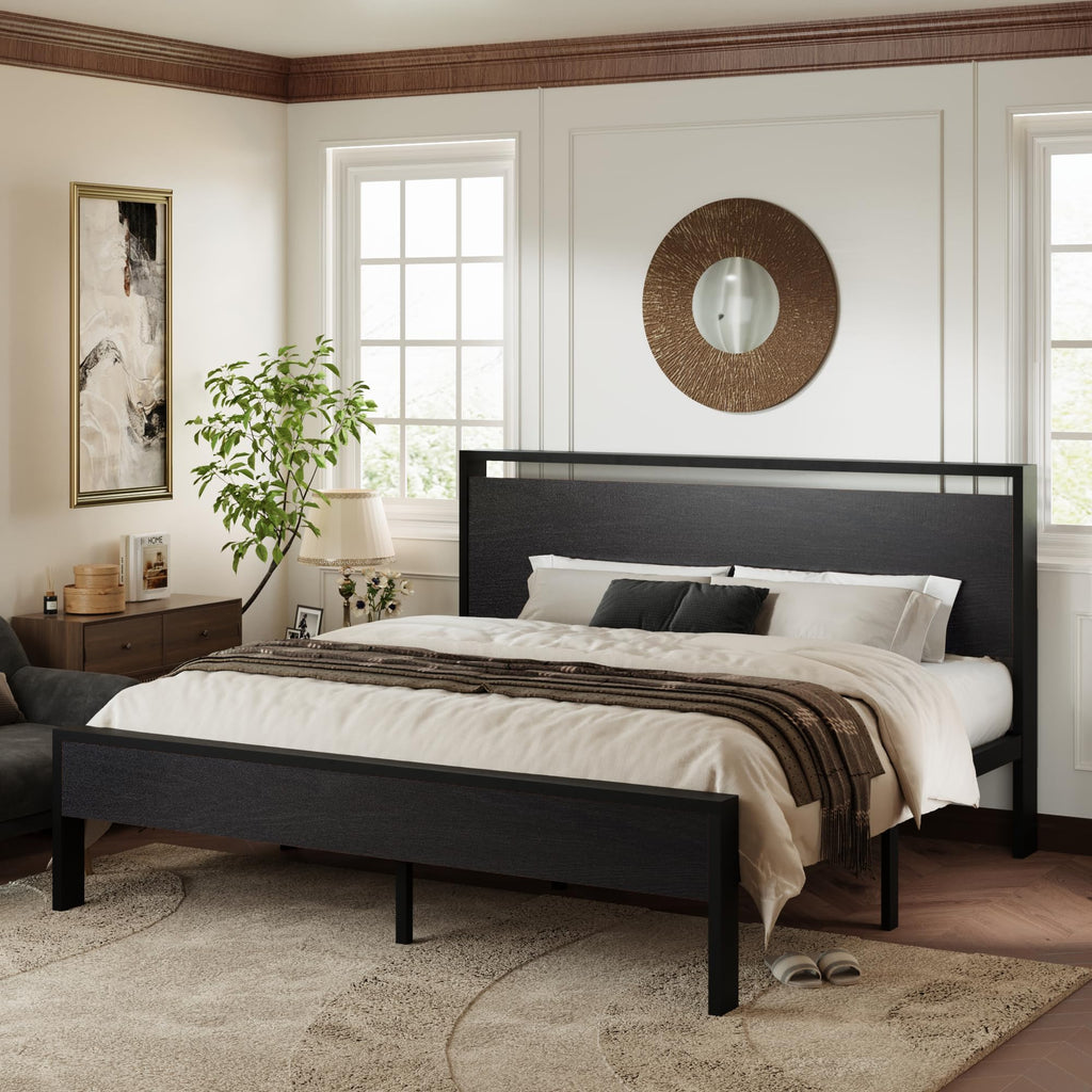 Allewie Twin Size Platform Bed Frame with Wooden Headboard and Footboard, Heavy Duty Metal Slats Support, No Box Spring Needed, Under-Bed Storage, Noise Free, Easy Assembly, Black Oak