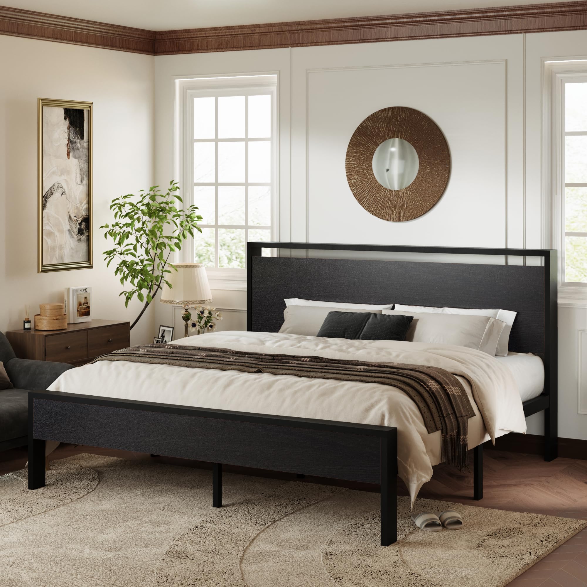 Allewie Twin Size Platform Bed Frame with Wooden Headboard and Footboard, Heavy Duty Metal Slats Support, No Box Spring Needed, Under-Bed Storage, Noise Free, Easy Assembly, Black Oak