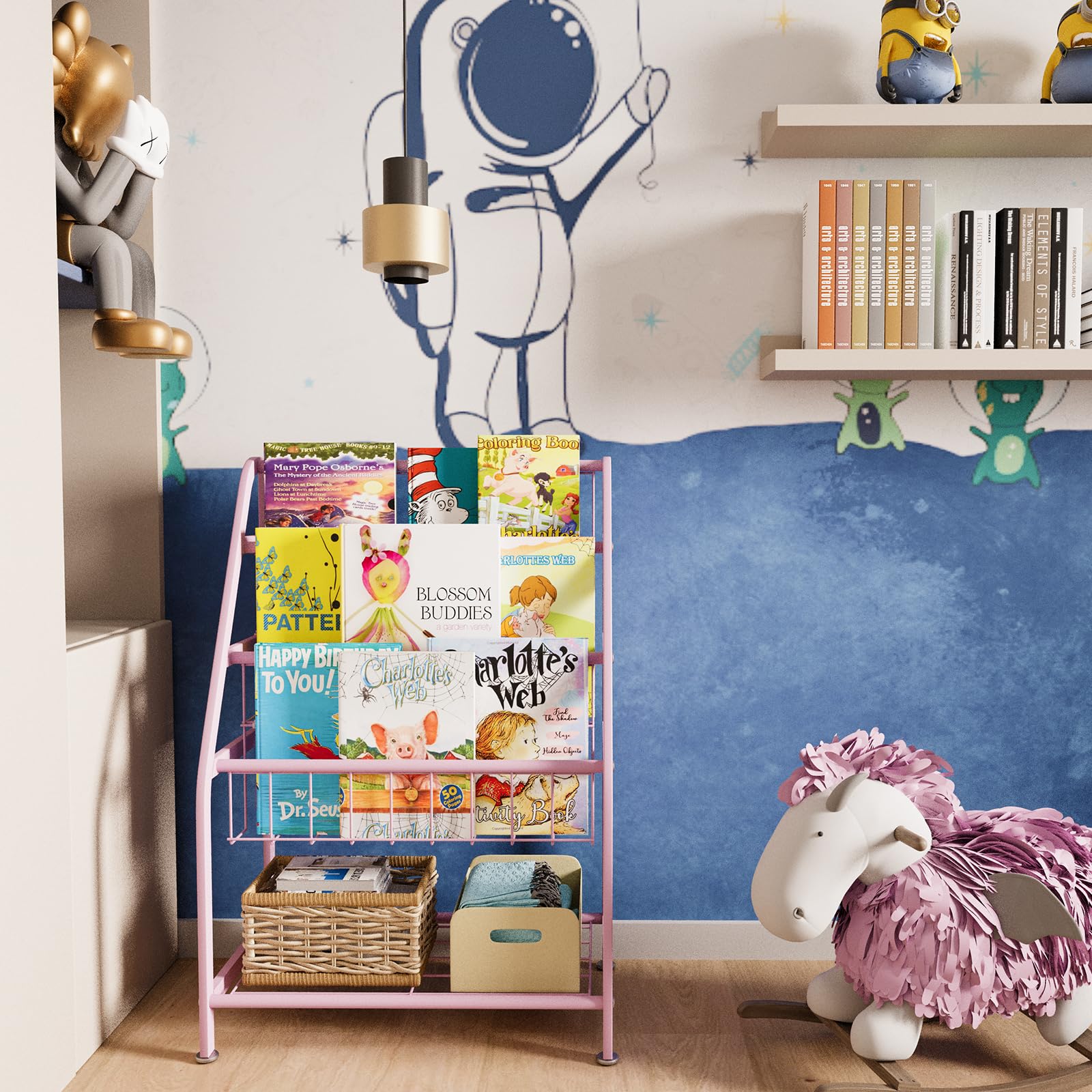 aboxoo Metal Kids Bookshelf Black Large Freestanding for Children Room 32 in Toy Organizer Large Stable Bookcase Bookstore Library Book Unit Storage Kids Bed Living Room