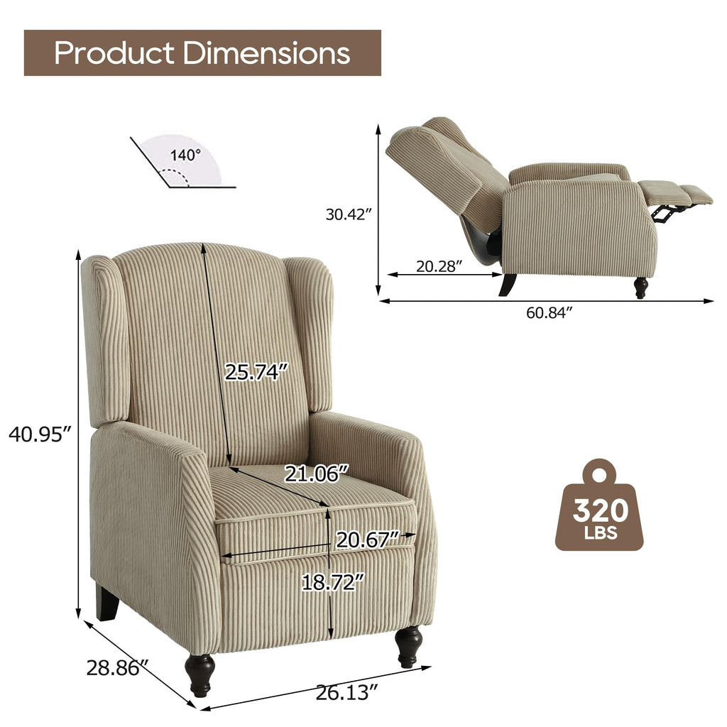 Wingback Chair with Massage and Heat, Tufted Fabric Pushback Recliner Chair, Wingback Recliner Chair with Remote Control, Padded Cushion, Wooden Legs, Small Recliners for Small Spaces