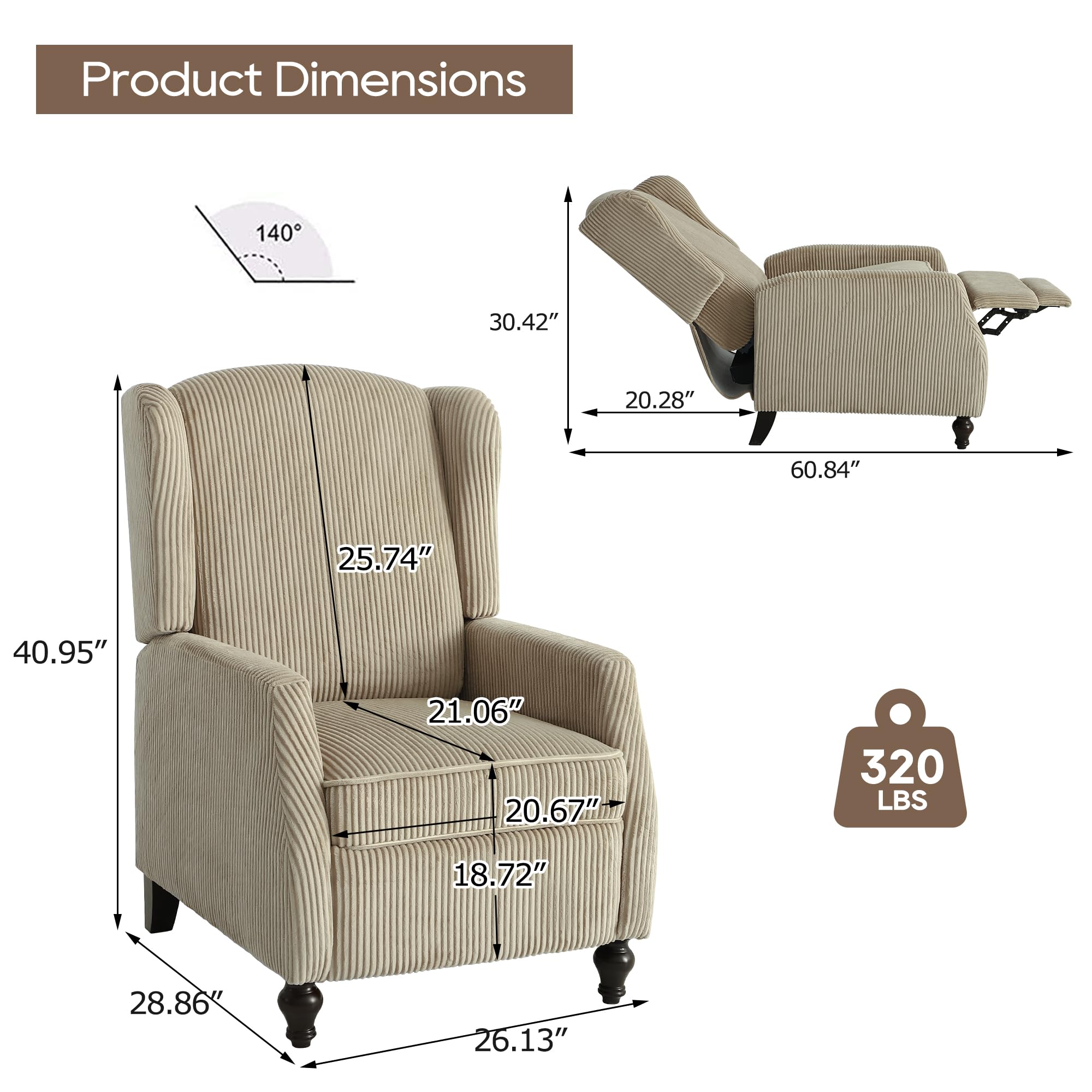 Wingback Chair with Massage and Heat, Tufted Fabric Pushback Recliner Chair, Wingback Recliner Chair with Remote Control, Padded Cushion, Wooden Legs, Small Recliners for Small Spaces