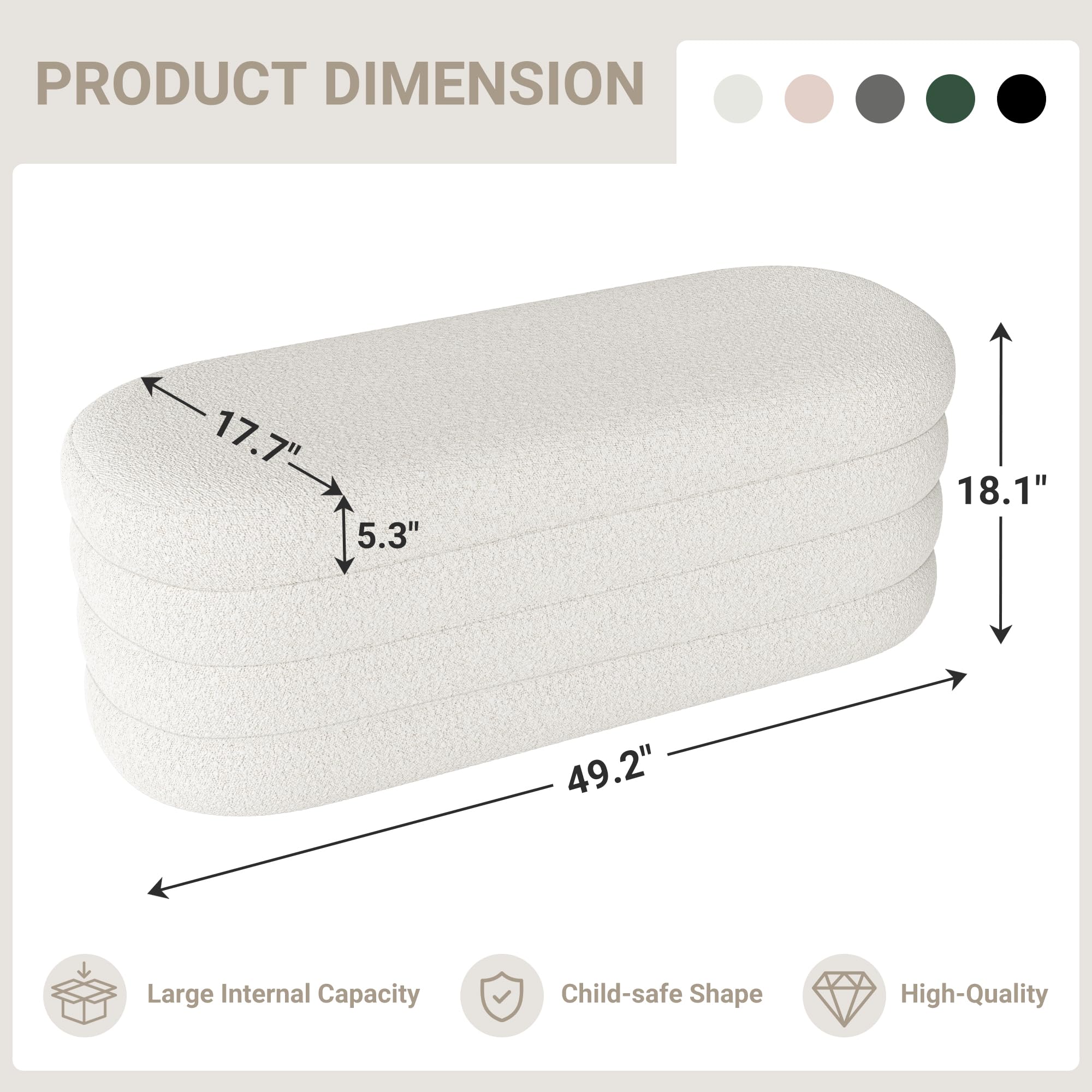 Busaurus Storage Ottoman Bench 49.2 Inch Upholstered Fabric Storage Bench for Bedroom End of Bed Aesthetic Large Oval Ottoman for Living Room Entryway (Black)