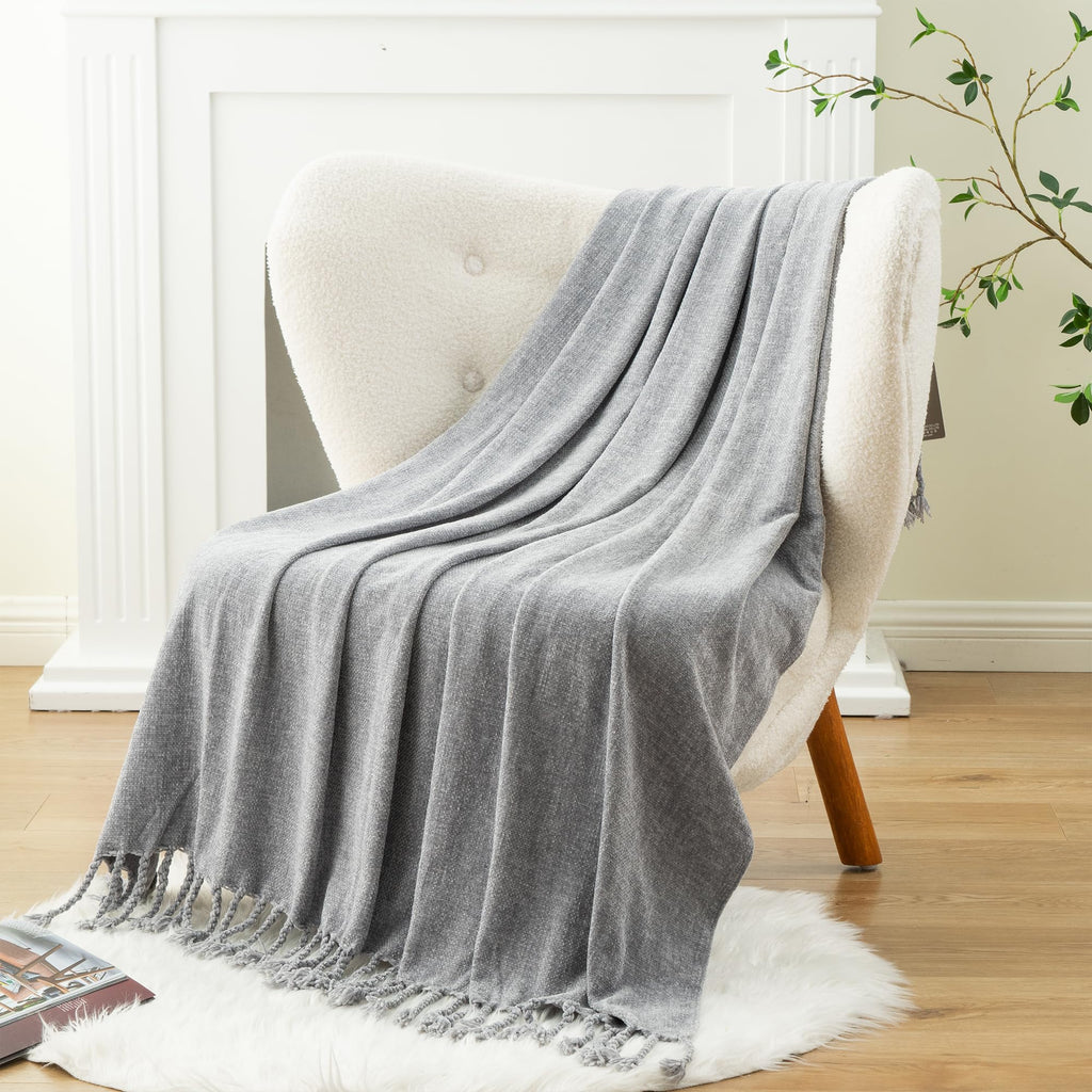 BATTILO HOME Beige Chenille Throw Blanket for Couch, Soft Cozy Textured Knit Throw Blanket with Handmade Fringe Tassels, Lightweight Decorative Farmhouse Blanket for Sofa Bed Chair, 50"x60"