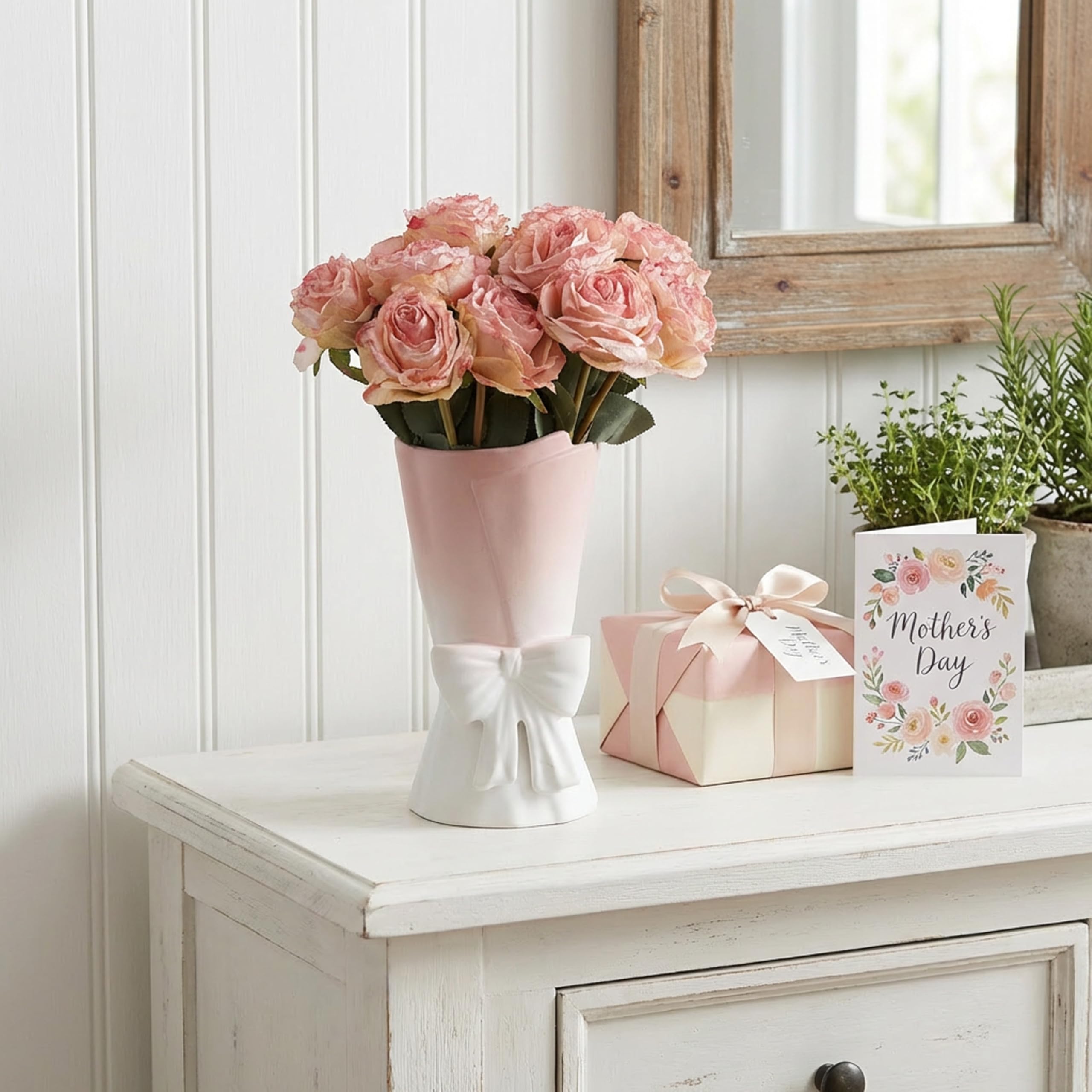 Relexome Beige Ceramic Bow Vase 9.64 in Unique Cute Modern Decorative Bouquet Flower Vases for Home Living Room Table Decor Women Girl Gifts