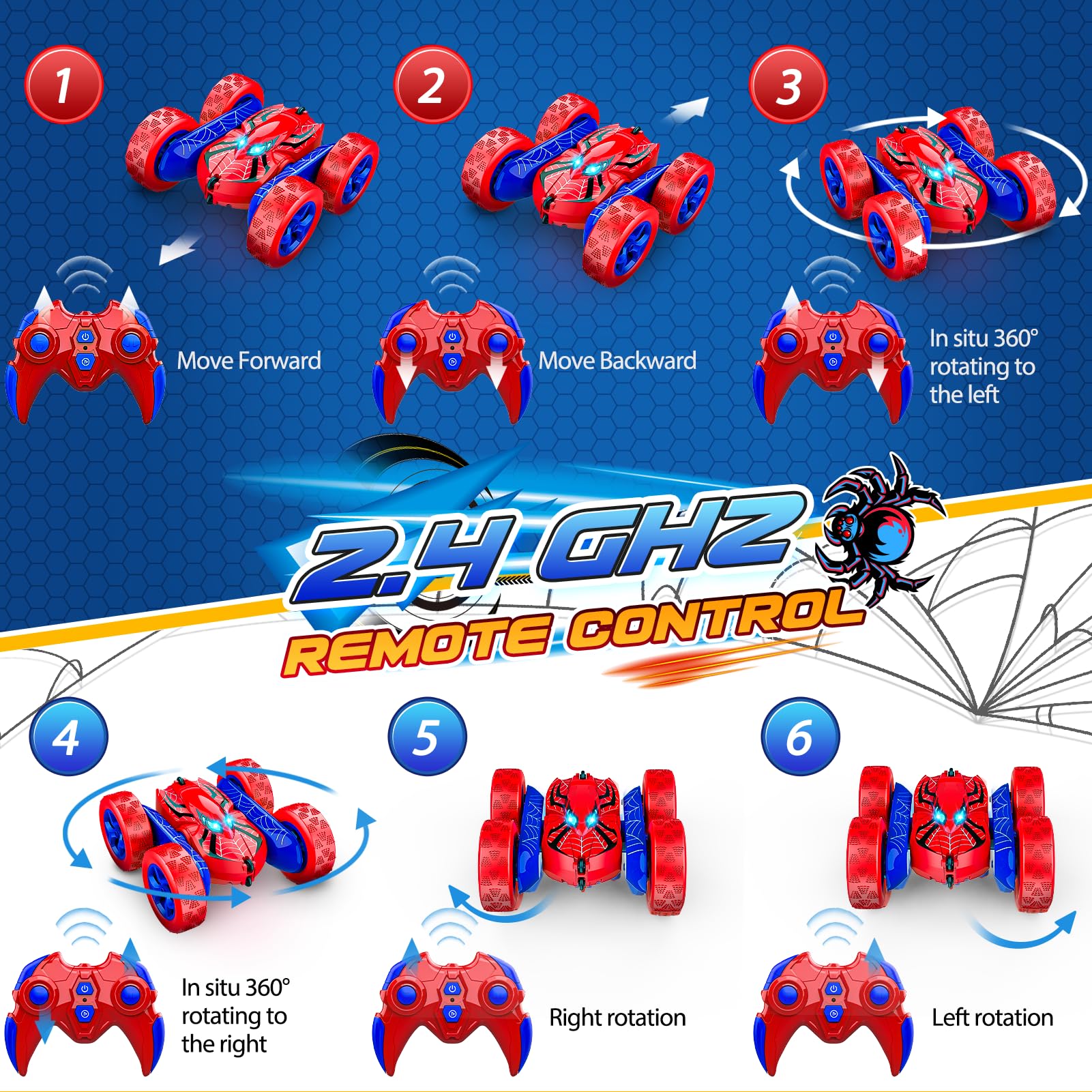 SYOKZEY Spider RC Cars Remote Control Car, Double Sided 360°Flip 4WD Rechargeable RC Drift Car,Toys for 3-12 Year Old Boys,Toys for Ages 5-7 Toys for Ages 8-13 Christmas Basket Stuffers (Red)