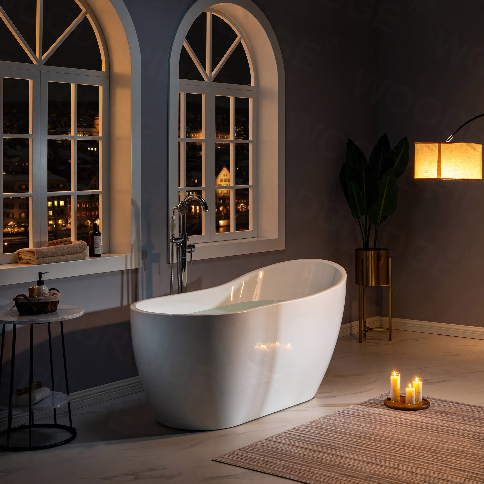 WOODBRIDGE 59" Acrylic Freestanding Bathtub Contemporary Soaking White Tub with Brushed Gold Overflow and Drain， B1530 -BG-Drain &O
