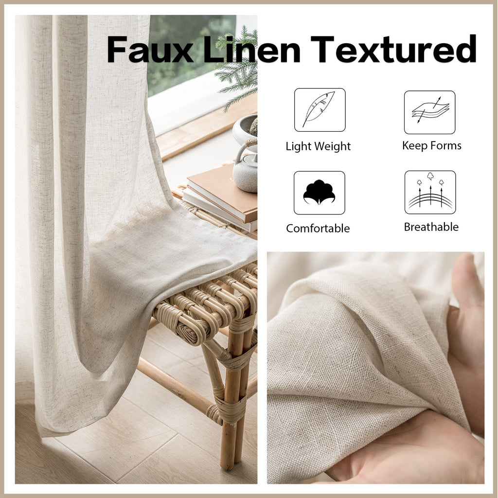 MAIHER Linen Textured Pleated Curtains 63 Inches Long for Living Room, Light Filtering Pinch Pleat Semi Sheer Drapes Curtains with Tieback and Hooks, Natural Linen (1 Panel, 54" W x 63" L)