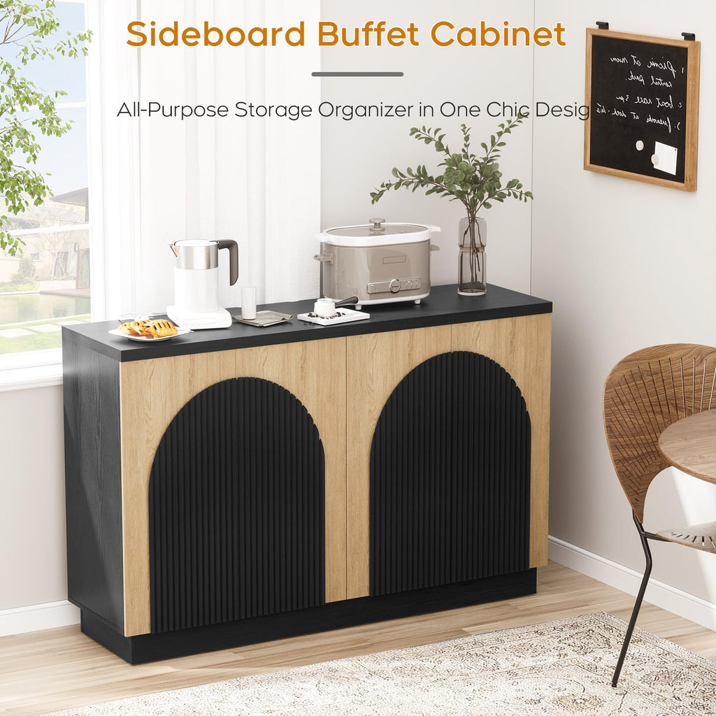 Yechen 55" Fluted Sideboard Buffet Cabinet with Storage, Wood Mid Century Modern Credenza Cabinet w/Arched Reeded Doors & Adjustable Shelves for Kitchen, Living Room, Entryway