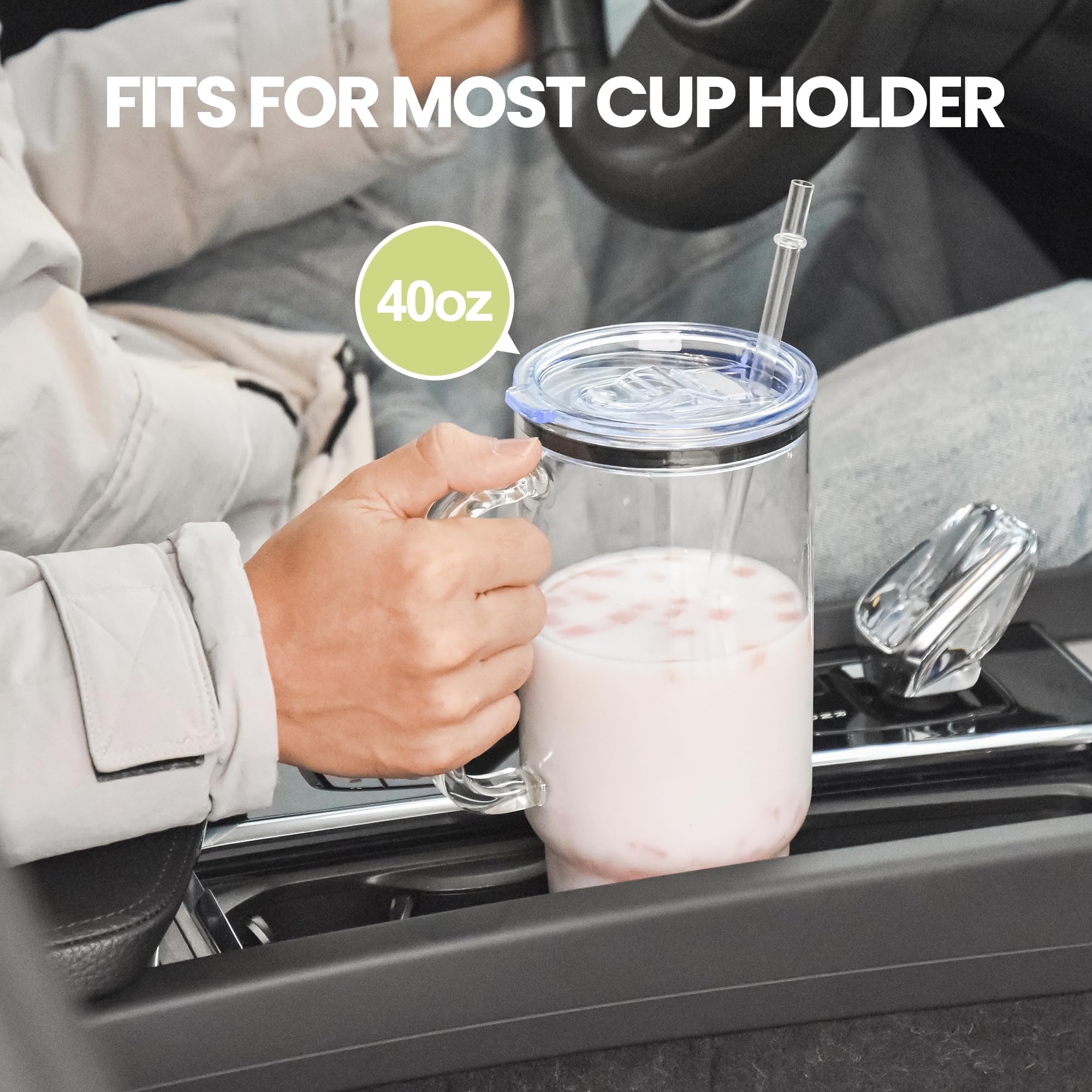 40 oz Glass Tumbler with Handle 12 Pack Glass Tumbler with Straw and Lid Clear Reusable Iced Coffee Cup, Fits Car Cup Holder, BPA Free, for Boba Tea, Juice, Smoothie, Beer(Sublimatable)