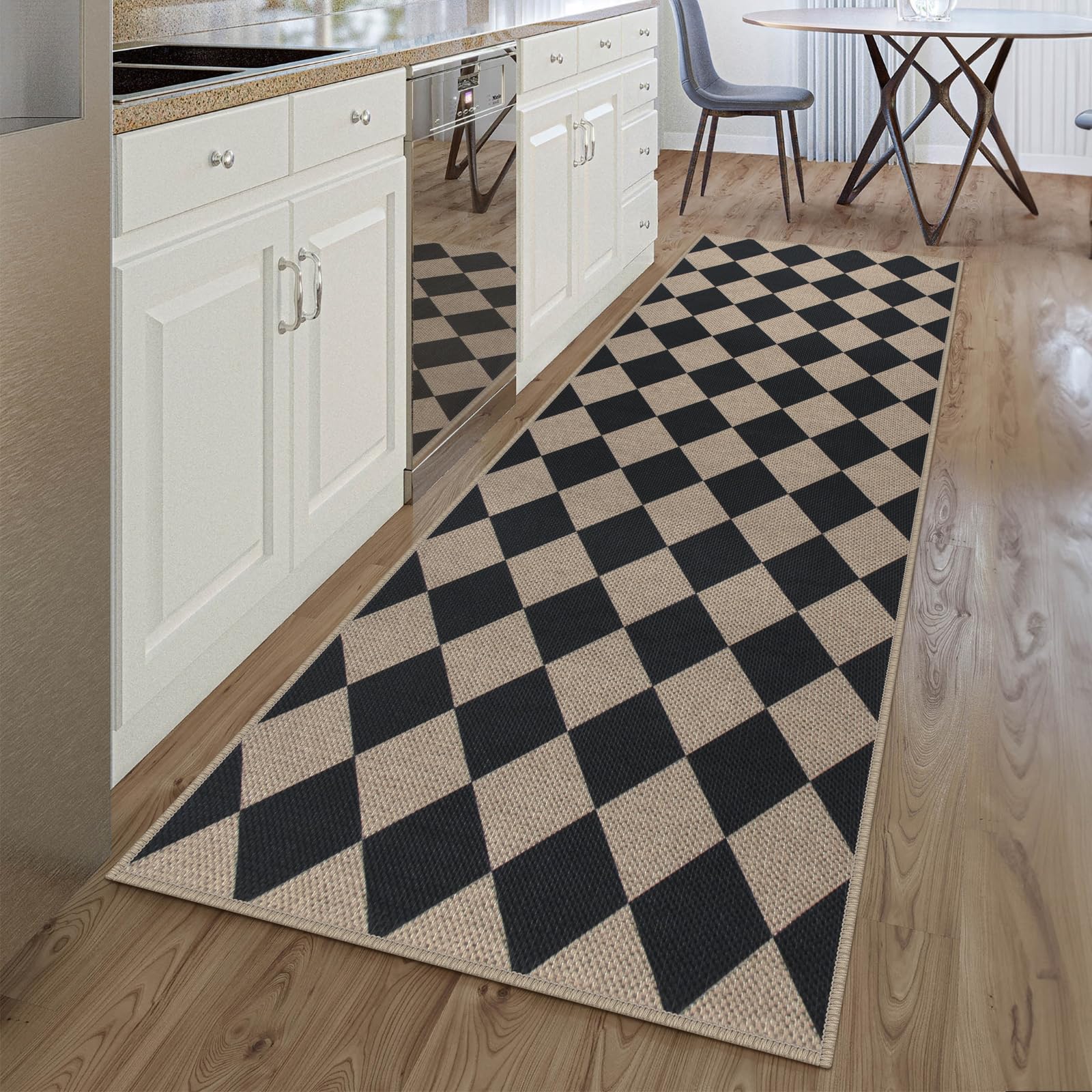 Rugalia Easy Jute Checkered Entryway Rug, 2x3 Black Modern Indoor Outdoor Doormat, Washable Non-Slip Neutral Small Kitchen Rug Farmhouse Diamond Throw Rugs for Entrance Bedroom Bathroom
