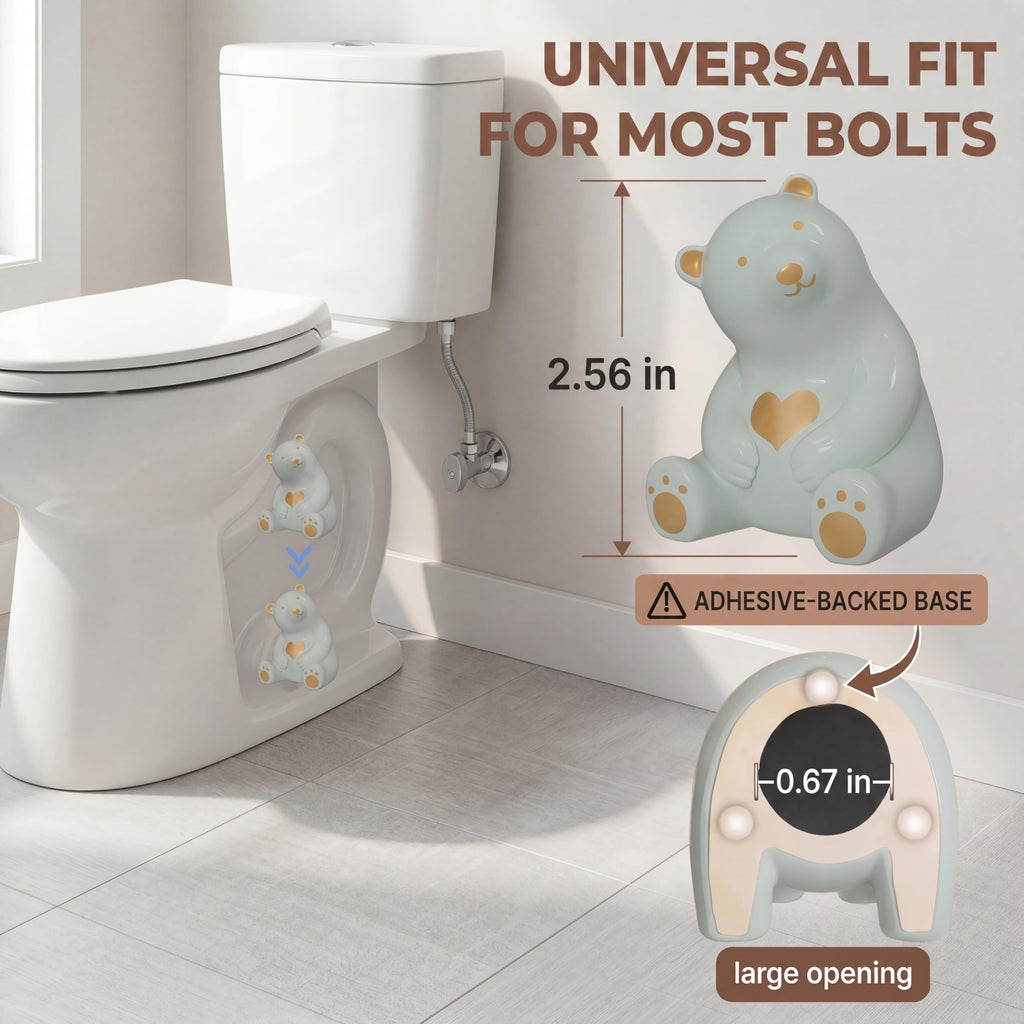 MENNTY Black Polar Bear Toilet Bolt Covers Decorative - 2 Glossy Black Ceramic Toilet Bolt Caps + 4 Universal Toilet Caps for Bottom of Toilet, Modern Monochrome Bathroom Decor