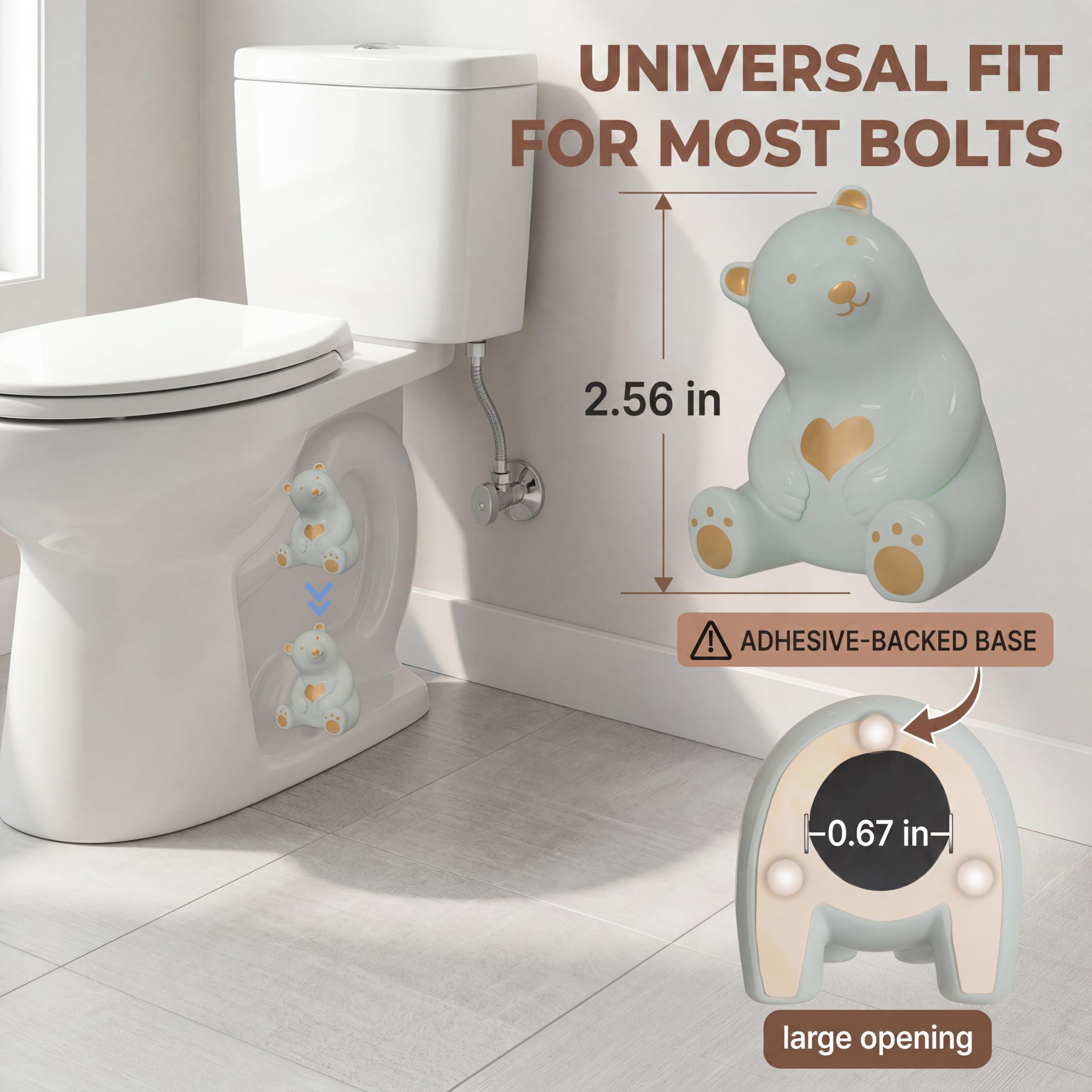 MENNTY Black Polar Bear Toilet Bolt Covers Decorative - 2 Glossy Black Ceramic Toilet Bolt Caps + 4 Universal Toilet Caps for Bottom of Toilet, Modern Monochrome Bathroom Decor