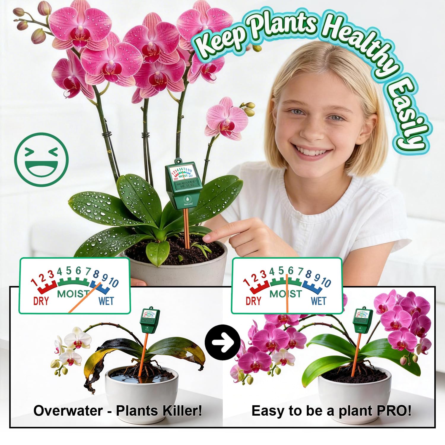 Antonki 2 Pack Soil Moisture Meter, Plant Water Meter for Gardening, Farming, Soil Tester Hygrometer Sensor for Indoor Outdoor House Plants, Flower, Lawn - No Battery Required