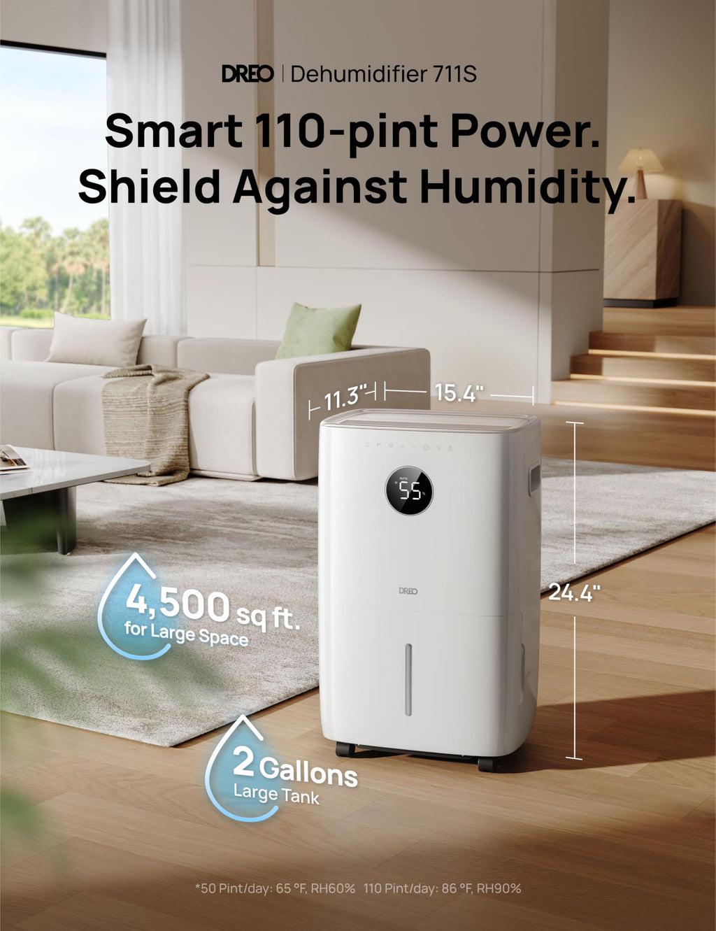DREO 110-Pint Smart Dehumidifier for Basement, 4500 Ft² for Large Room, 2 Gallon Water Tank, Auto/Comfort/Constant Mode Dehumidifiers for Home, Bedroom, Bathroom, with Drain Hose, Black, 711S
