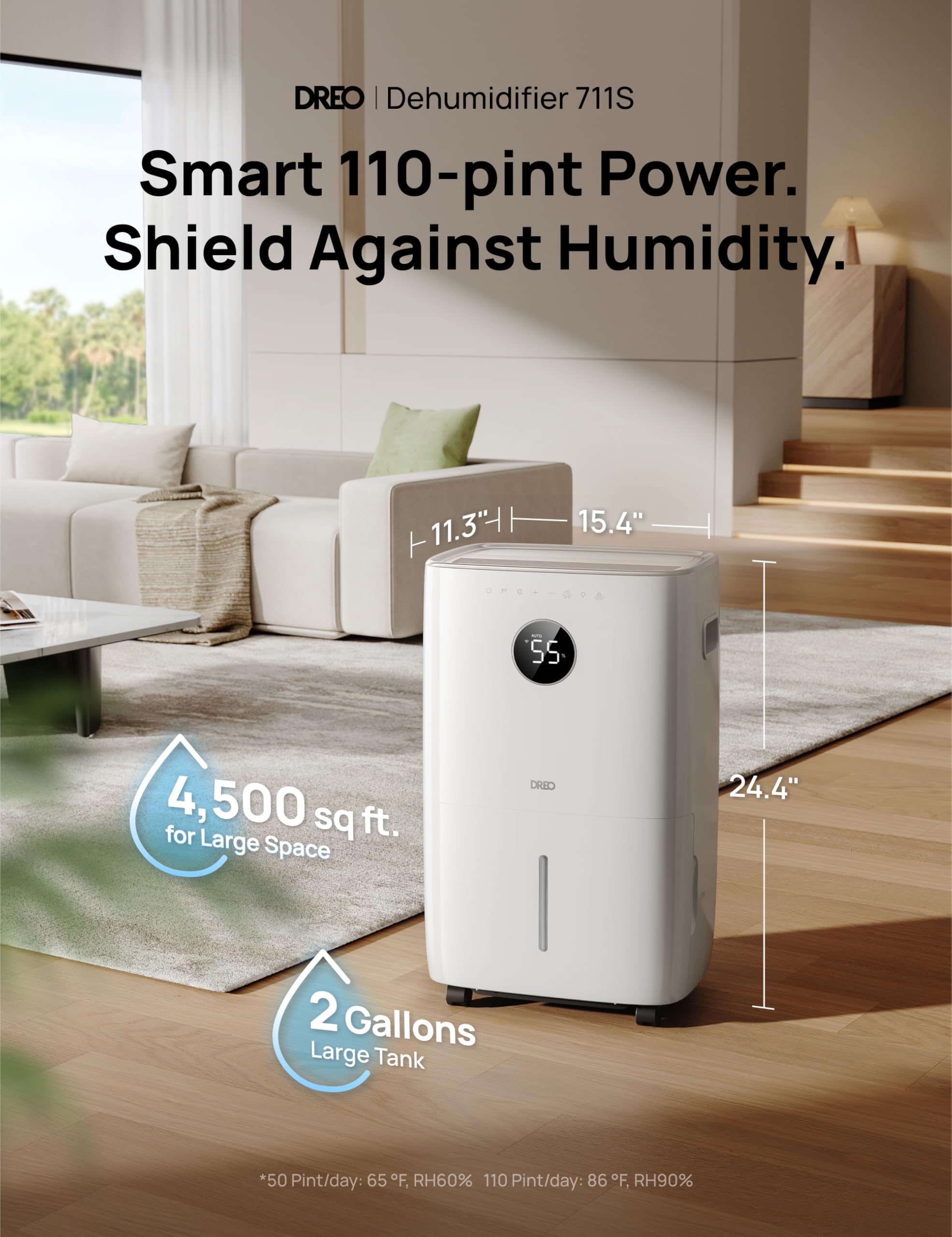 DREO 110-Pint Smart Dehumidifier for Basement, 4500 Ft² for Large Room, 2 Gallon Water Tank, Auto/Comfort/Constant Mode Dehumidifiers for Home, Bedroom, Bathroom, with Drain Hose, Black, 711S