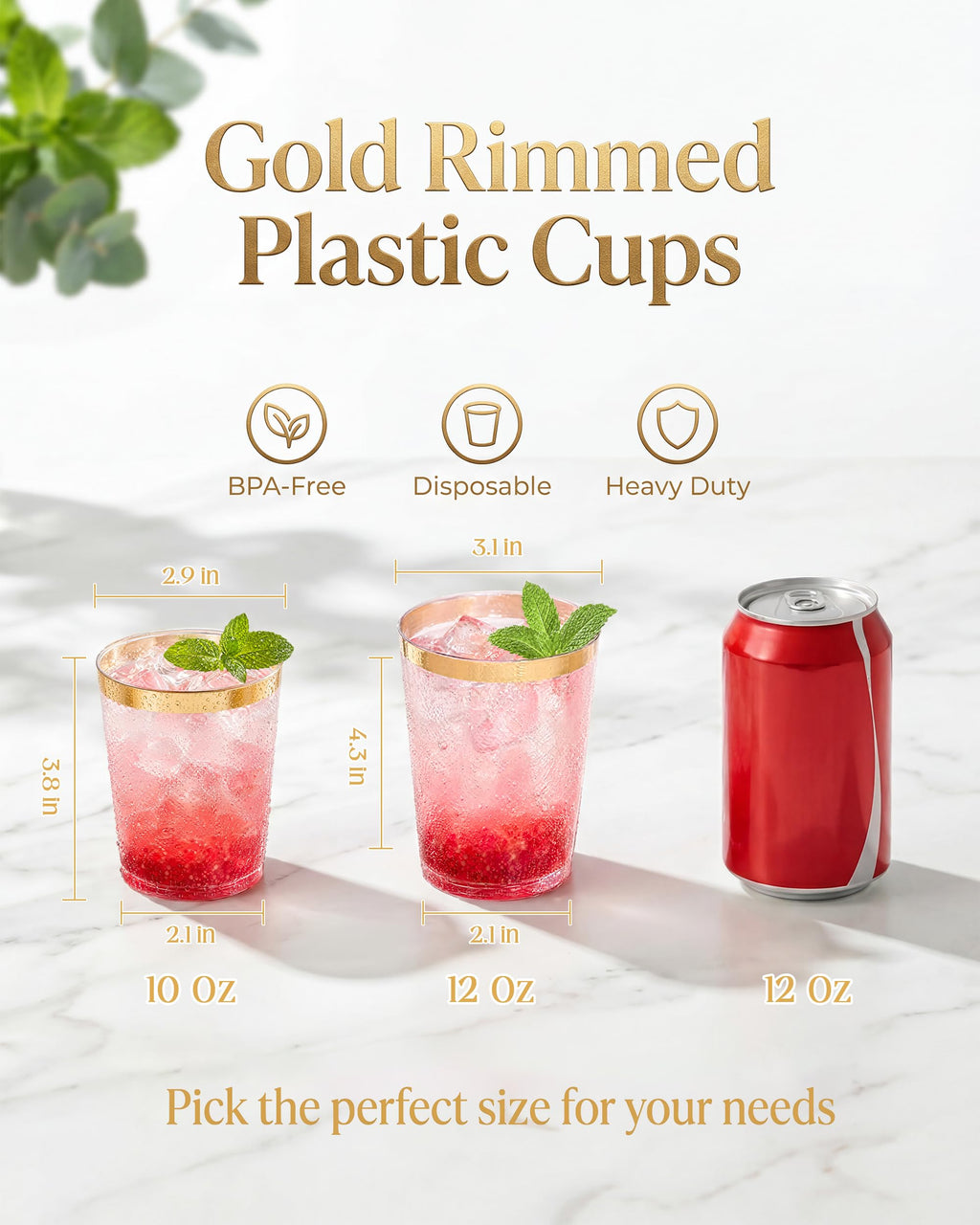 Nervure 120PCS Gold Plastic Cups - 10Oz Gold Rim Plastic Cups - Heavy Duty Disposable Cups - Clear Cup with Gold Rim for Weddings, Birthdays, Gatherings and Party