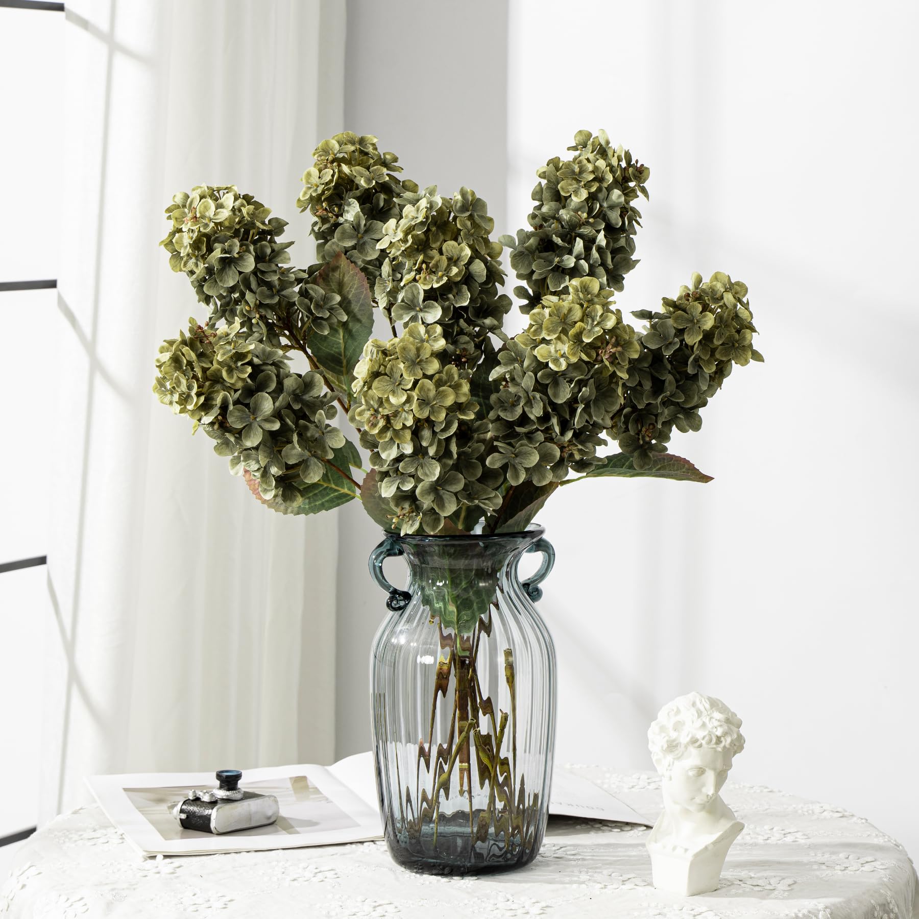 Ttranewsoo Hydrangea Artificial Flowers,Fall Hydrangeas Artificial Flowers,Blue Fake Fall Dried Hydrangea Flowers Decoration,Faux Silk Flower with Stems Winter Decor(Blue 24" 8pcs) Without Vase