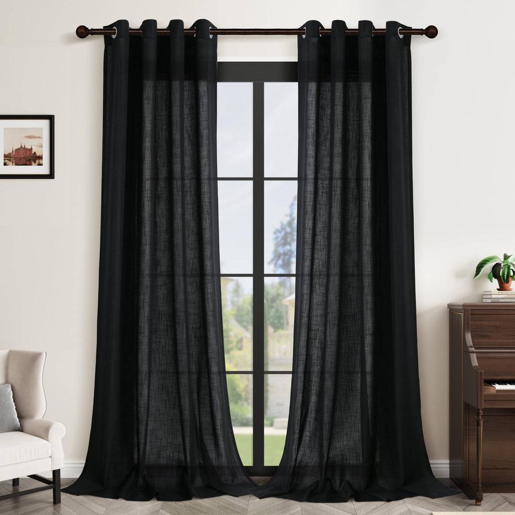Aersas Black Bedroom Linen Curtains 63 Inch Length 2 Panel Privacy Energy Efficient Semi Sheer Black Linen Drapes for Living Room Modern Farmhouse Grommet Window Curtain for Nursery Office 52x63