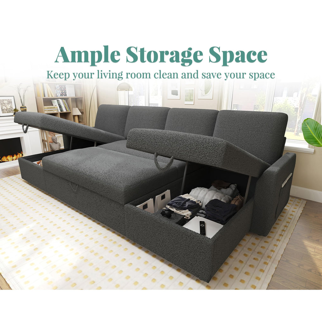 PaPaJet Sofa Bed, Sleeper Sofa with Storage Chaise, L Shaped Sofa with Pull Out Bed, Oversized Sofas for Living Room, Beige