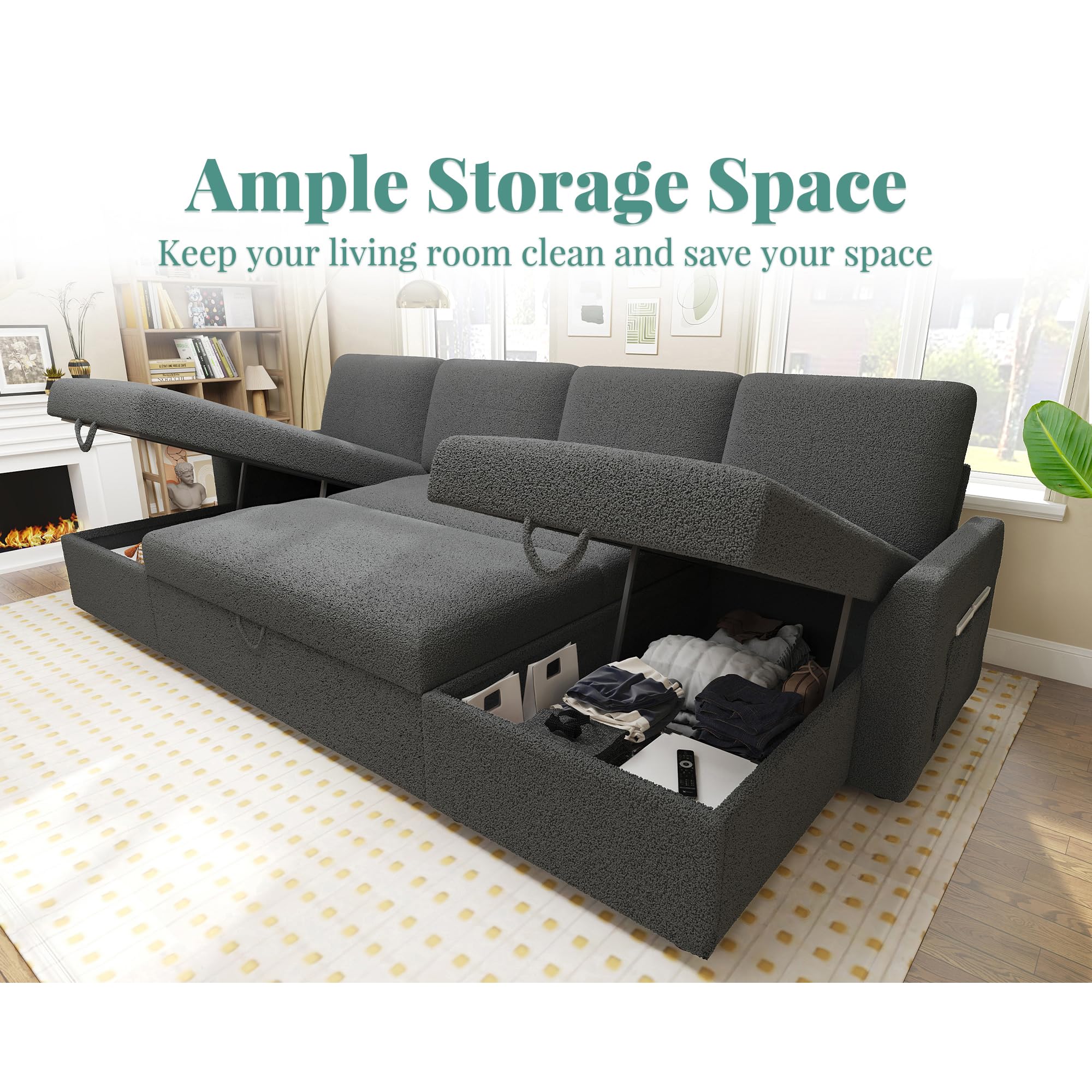 PaPaJet Sofa Bed, Sleeper Sofa with Storage Chaise, L Shaped Sofa with Pull Out Bed, Oversized Sofas for Living Room, Beige