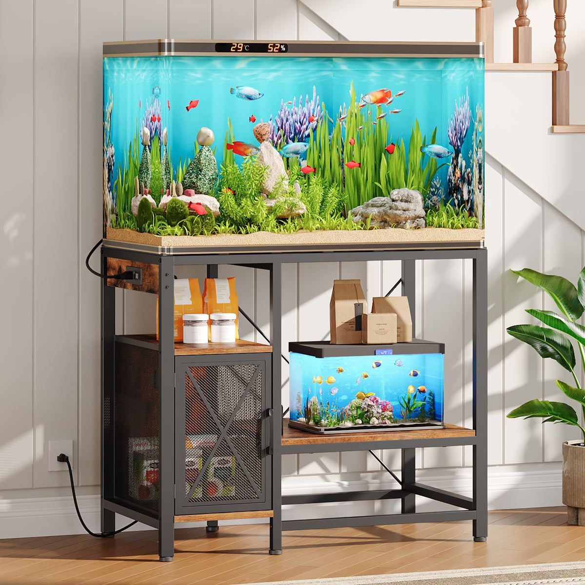 MAHANCRIS 20-37 Gallon Fish Tank Stand, Aquarium Stand with Power Outlet and Storage Cabinet, Heavy Duty Tank Stand Suitable for Turtle Tank, Reptile Terrarium, for Home Office, Black FTHB40E01