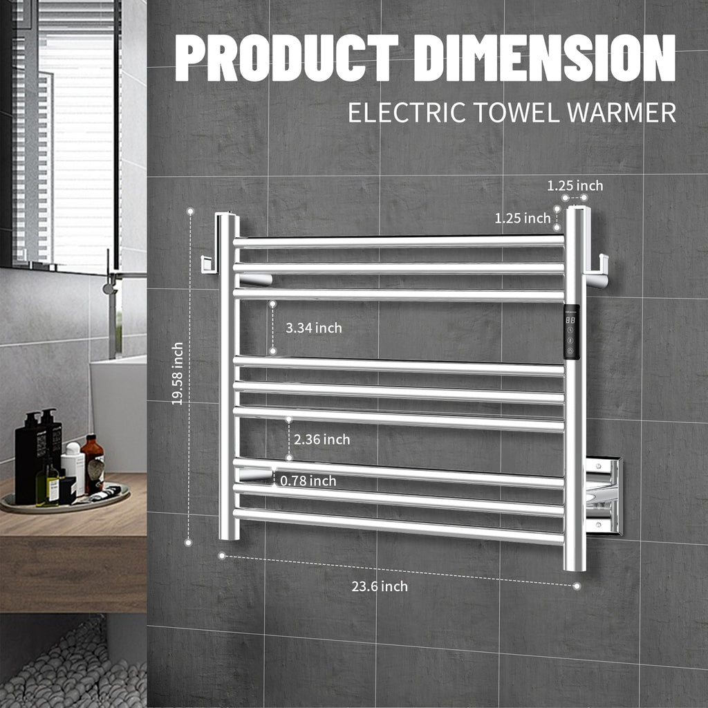 K&KALONZO Wall-Mounted 9-Bar Heated Towel Rack, Fast Heat in 2 Min, NTC Safety | 4 Timers & 3 Heat Levels Control, Plug-In/Hardwired, Top Hooks, Memory Function, Anti-Scald, Stainless Steel, EL13ML